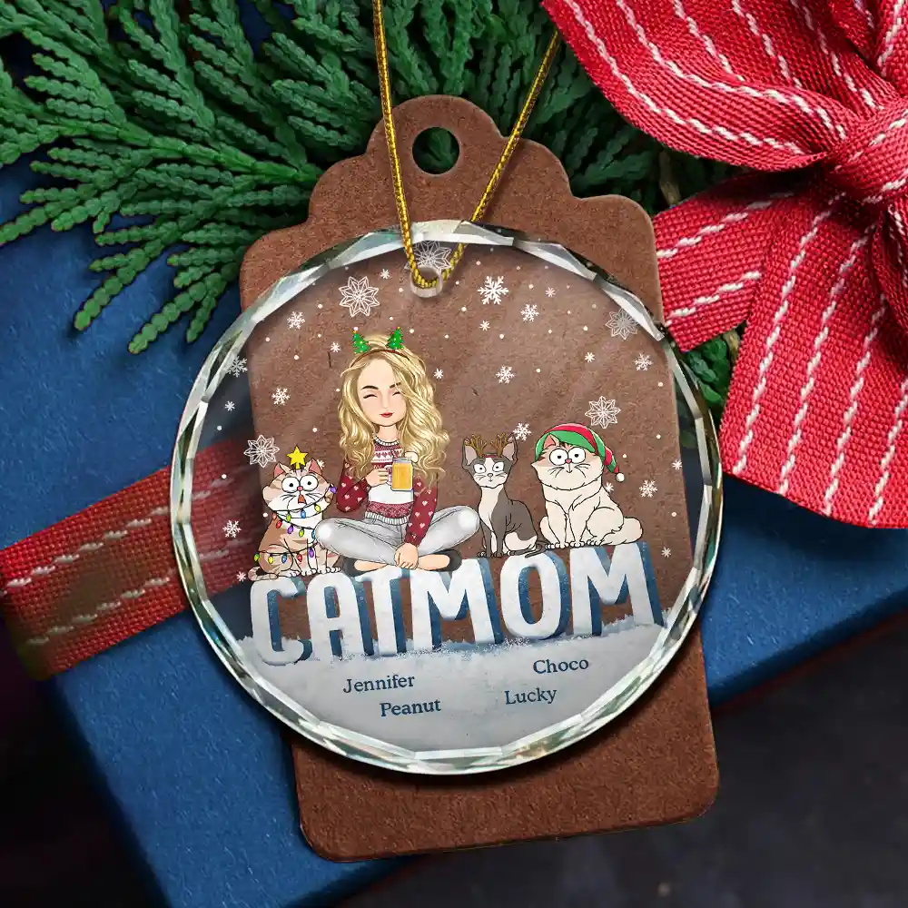 Christmas Cat Mom Cartoon Style - Personalized Circle Glass Ornament - Image 5