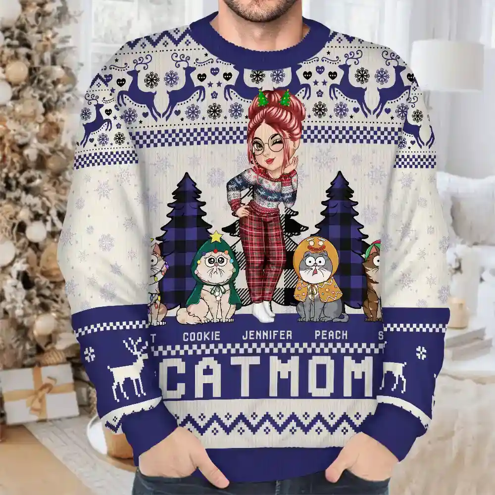 Christmas Cat Mom Funny Cartoon Cats - Personalized Unisex Ugly Sweater - Image 4