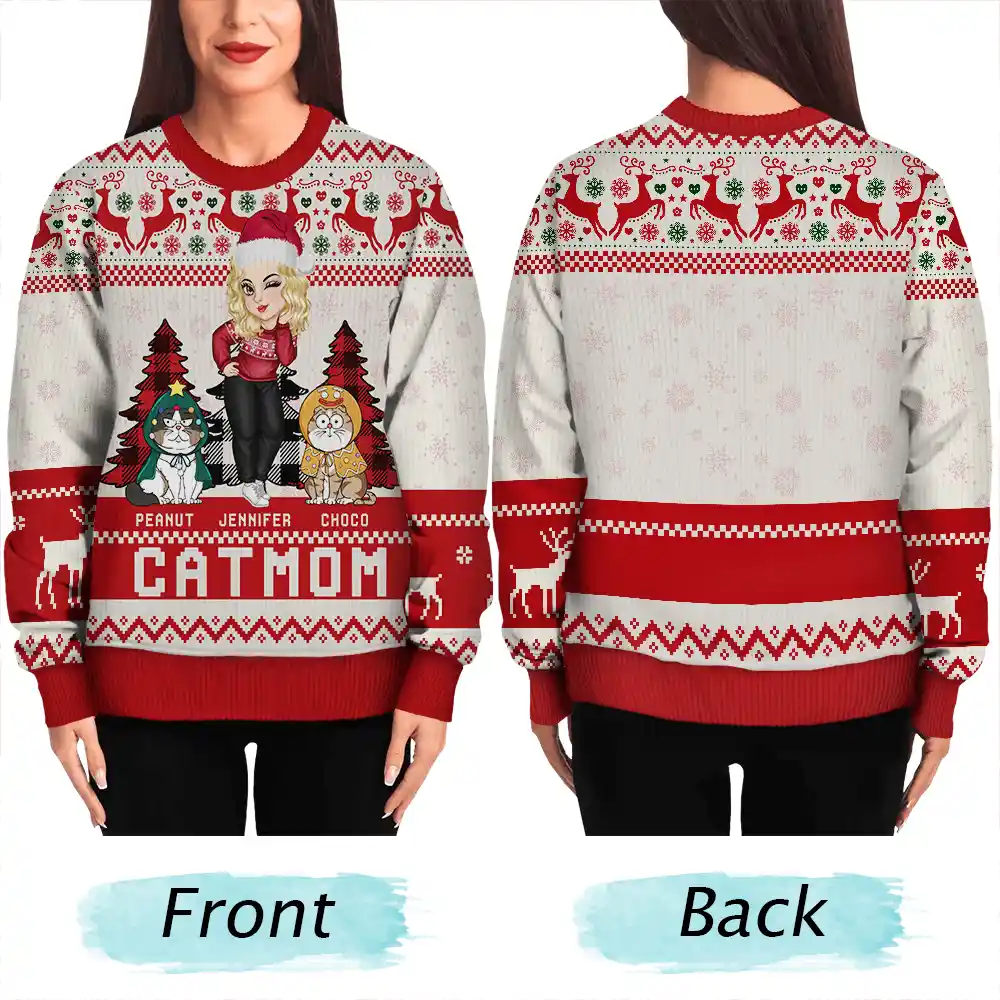 Christmas Cat Mom Funny Cartoon Cats - Personalized Unisex Ugly Sweater - Image 5