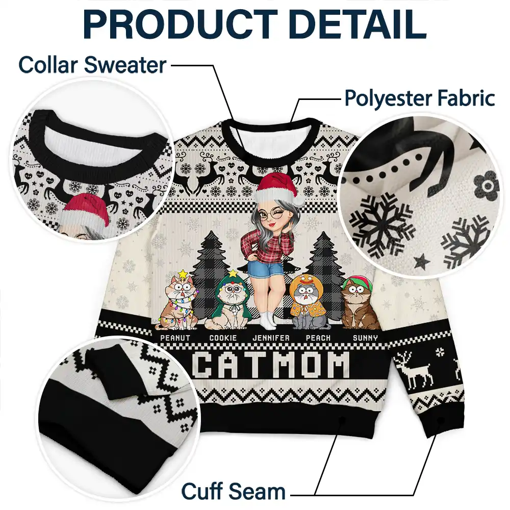 Christmas Cat Mom Funny Cartoon Cats - Personalized Unisex Ugly Sweater - Image 6