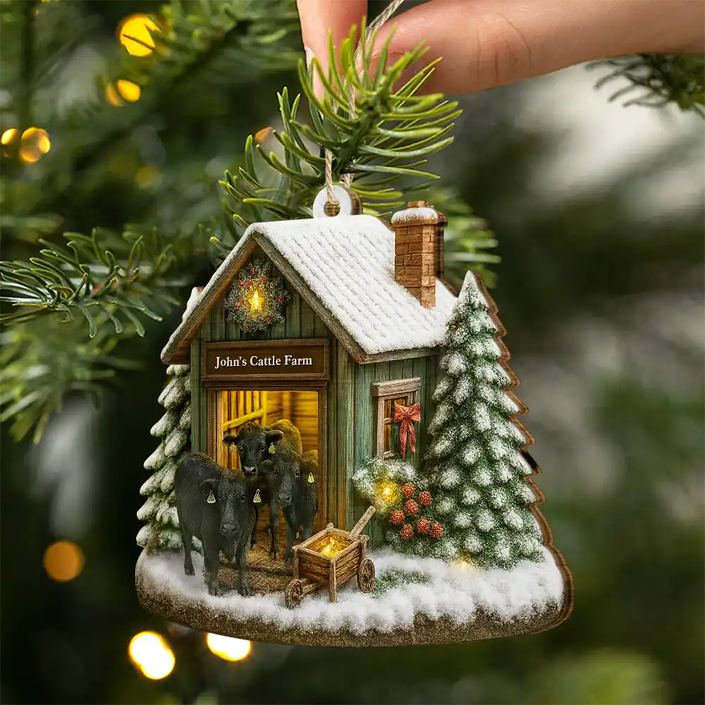 Christmas Cattle Farm - Personalized Custom Shaped Wooden Ornament - Image 2