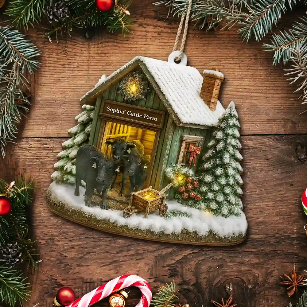 Christmas Cattle Farm - Personalized Custom Shaped Wooden Ornament - Image 5