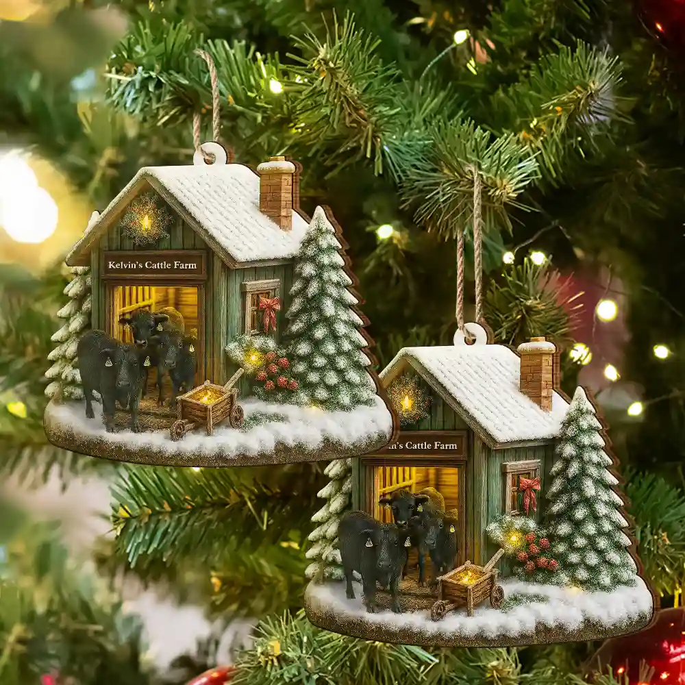 Christmas Cattle Farm - Personalized Custom Shaped Wooden Ornament - Image 6