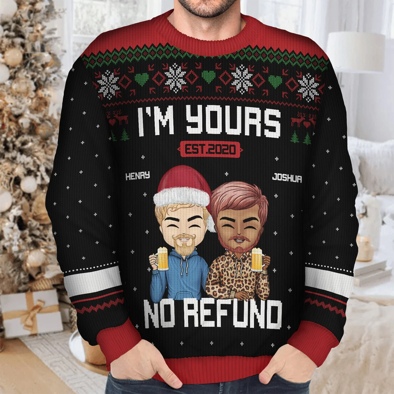 Christmas Chibi Couple I'm Yours No Refund - Gift For Couples - Personalized Unisex Ugly Sweater - Image 4