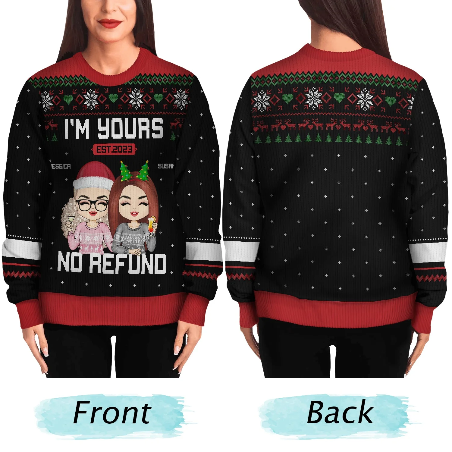 Christmas Chibi Couple I'm Yours No Refund - Gift For Couples - Personalized Unisex Ugly Sweater - Image 5