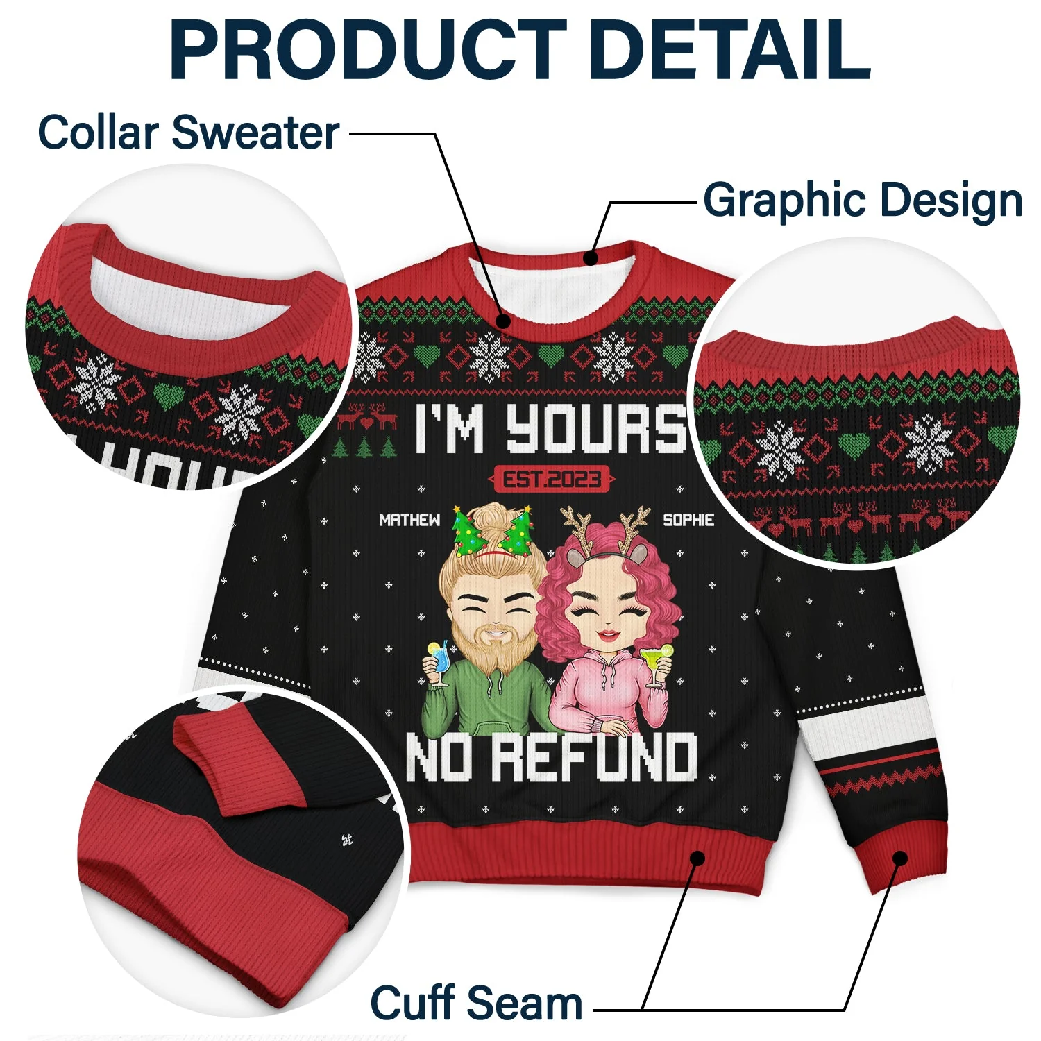 Christmas Chibi Couple I'm Yours No Refund - Gift For Couples - Personalized Unisex Ugly Sweater - Image 6
