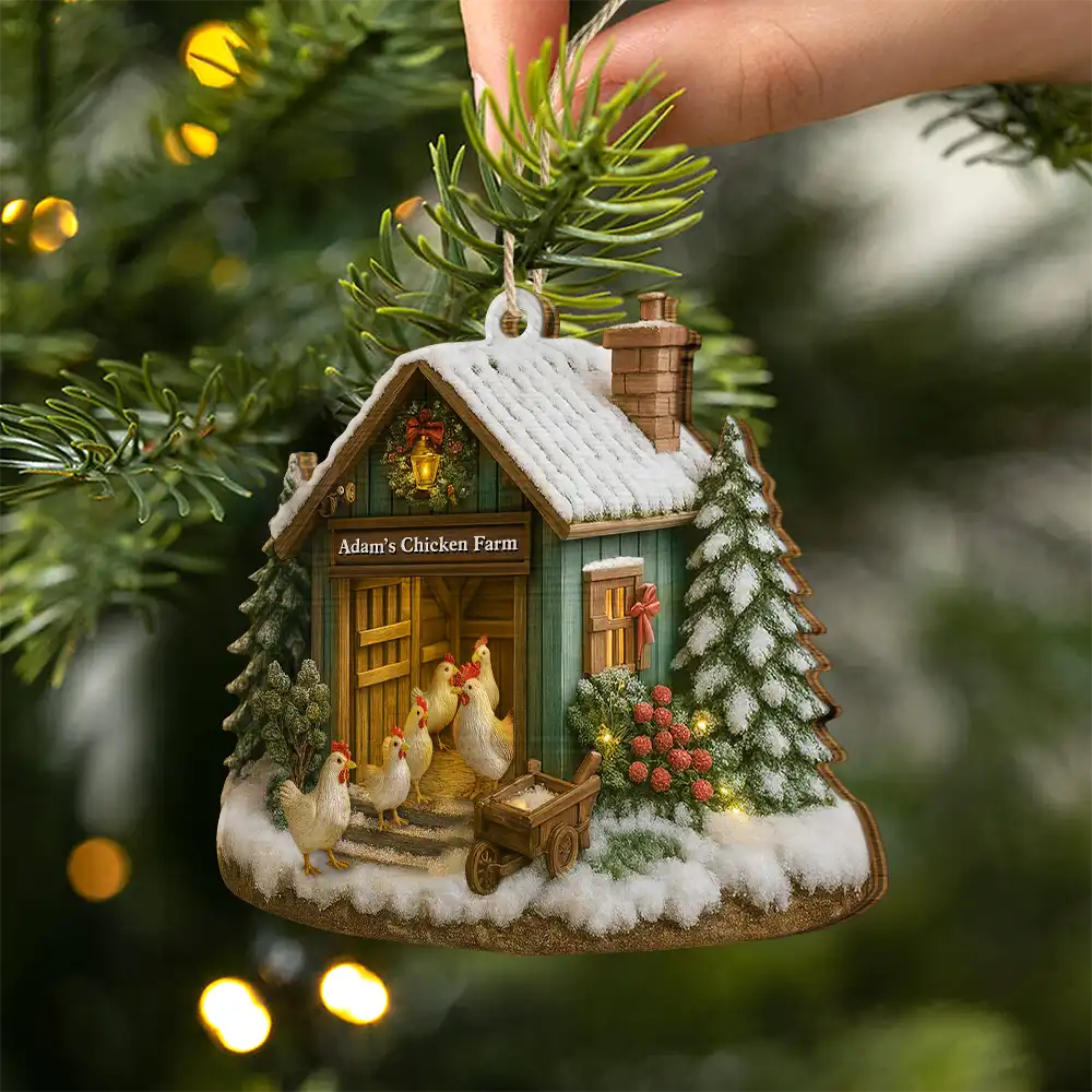 Christmas Chicken Farm - Personalized Custom Shaped Wooden Ornament - Image 2