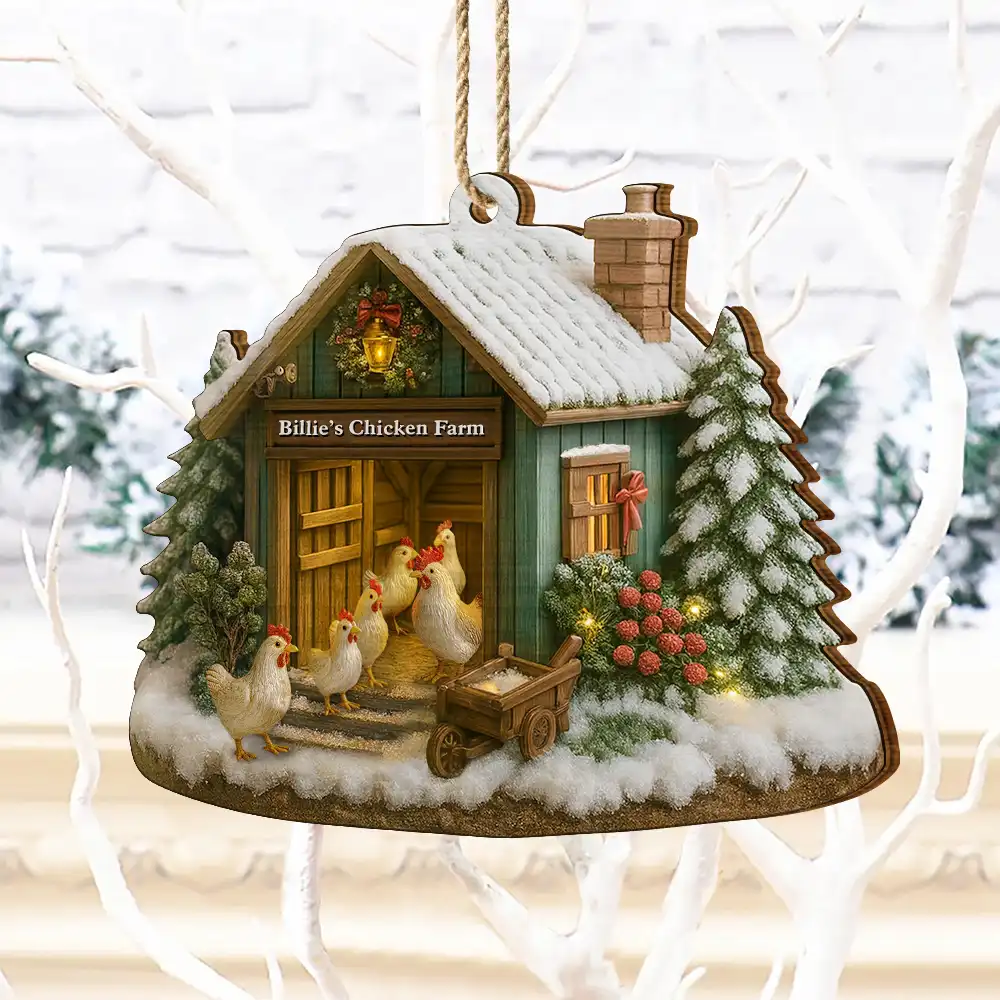 Christmas Chicken Farm - Personalized Custom Shaped Wooden Ornament - Image 4