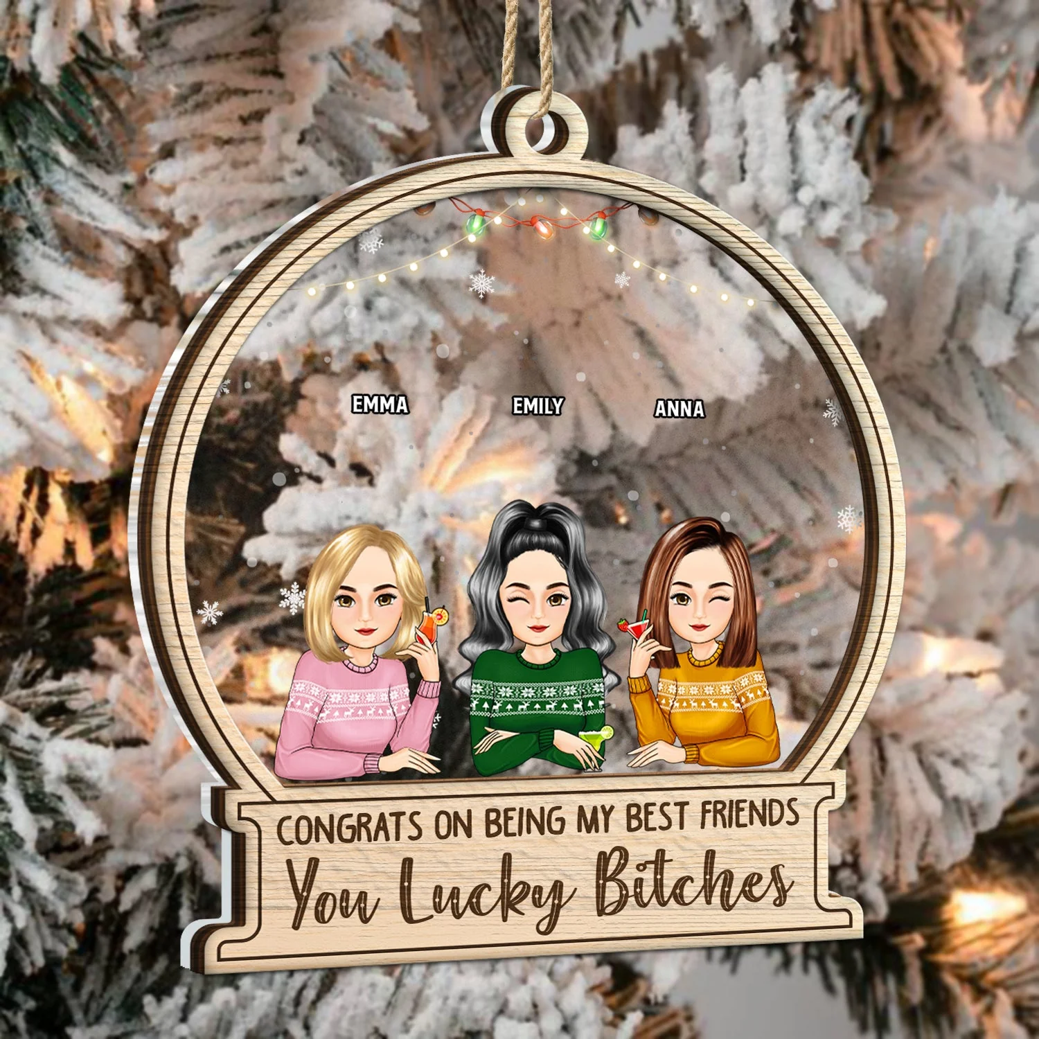 Christmas Congrats On Being My Besties Cartoon Drinking - Gift For Bestie - Personalized 2-Layered Mix Ornament - Image 3
