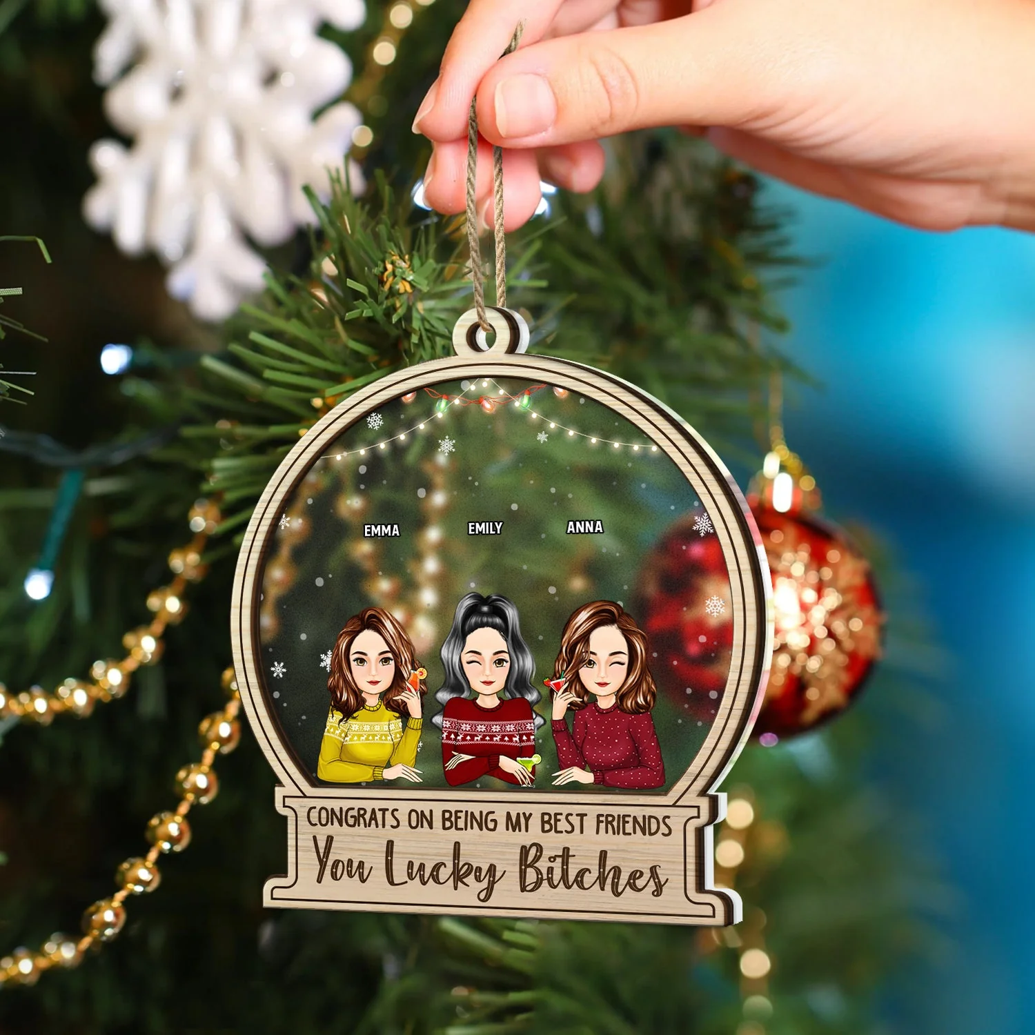 Christmas Congrats On Being My Besties Cartoon Drinking - Gift For Bestie - Personalized 2-Layered Mix Ornament - Image 4