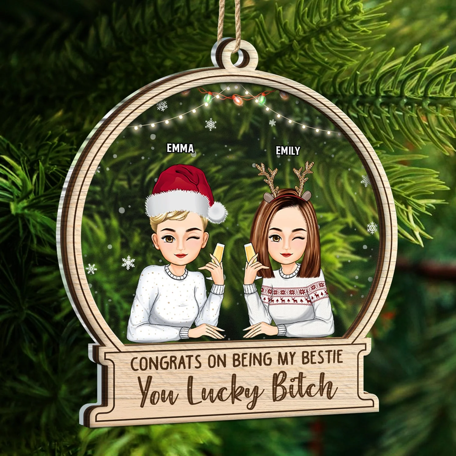 Christmas Congrats On Being My Besties Cartoon Drinking - Gift For Bestie - Personalized 2-Layered Mix Ornament - Image 5
