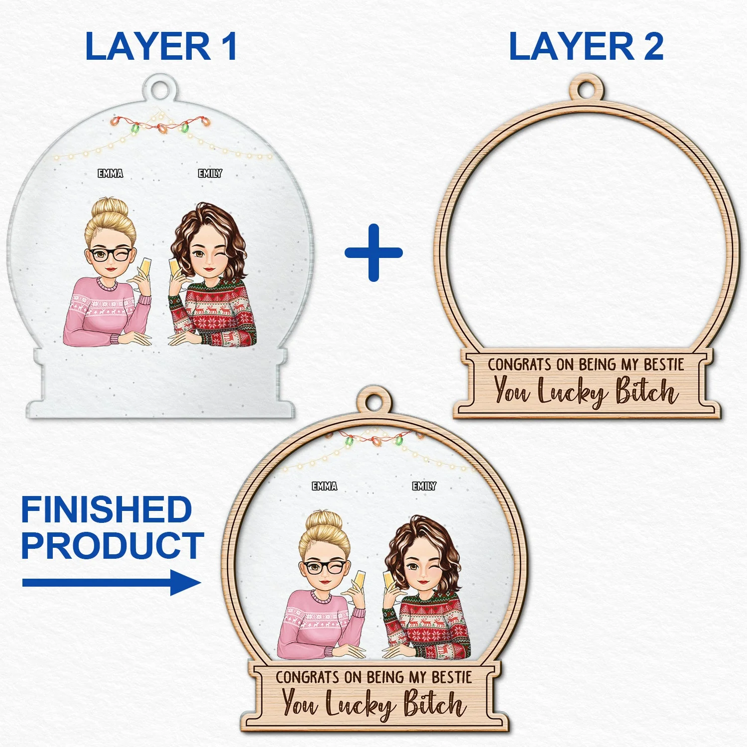Christmas Congrats On Being My Besties Cartoon Drinking - Gift For Bestie - Personalized 2-Layered Mix Ornament - Image 6