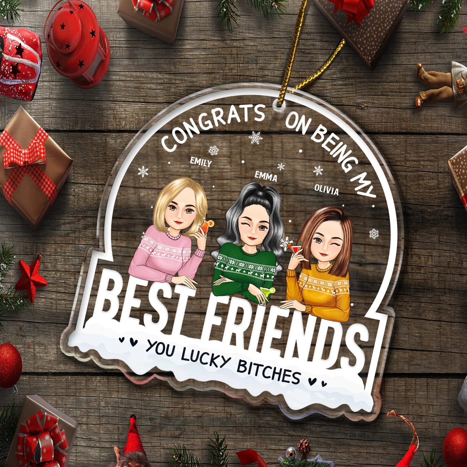 Christmas Congrats On Being My Besties Cartoon Drinking - Gift For Bestie - Personalized Custom Shaped Acrylic Ornament - Image 5