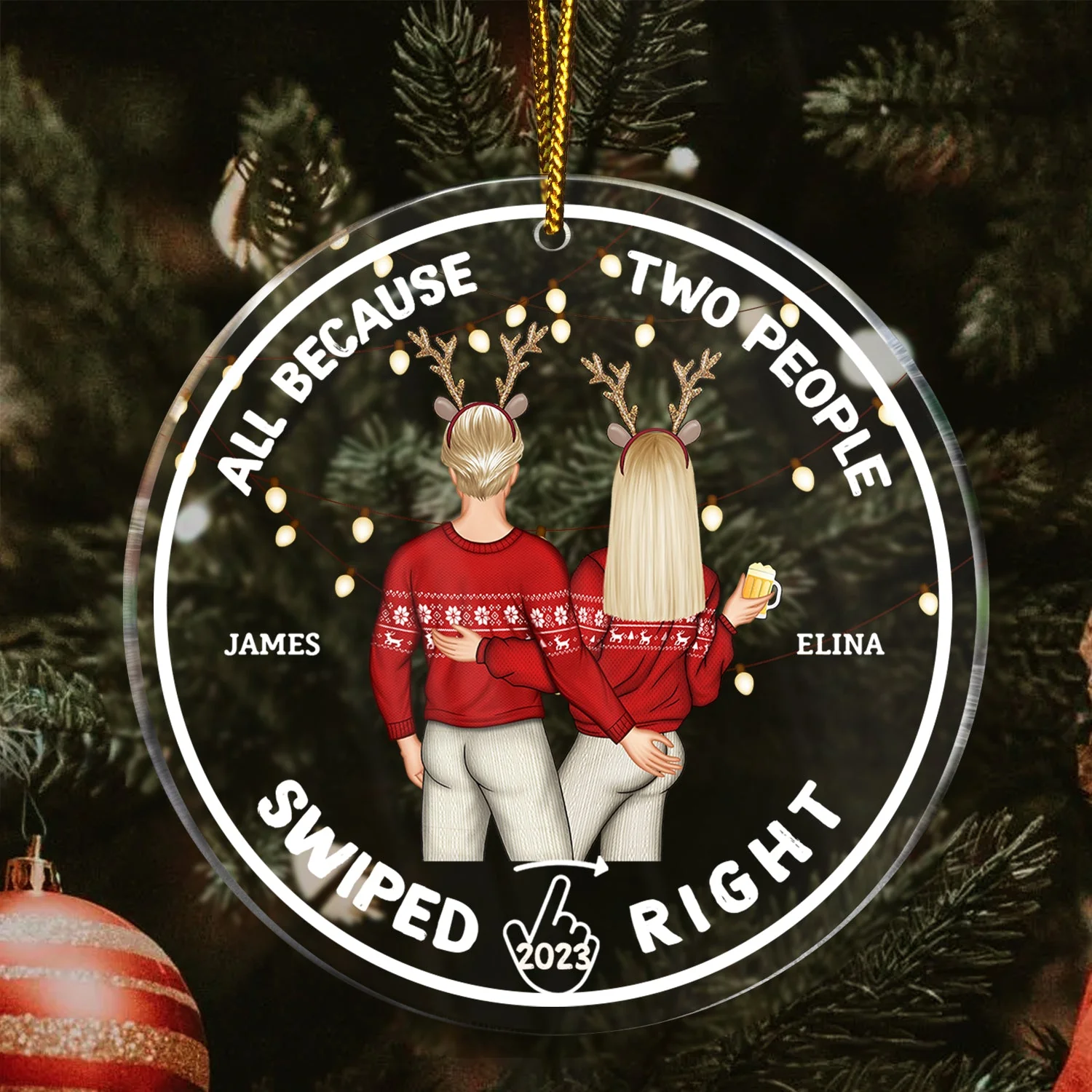 Christmas Couple All Because Swiped Right - Gift For Couples - Personalized Circle Acrylic Ornament - Image 3
