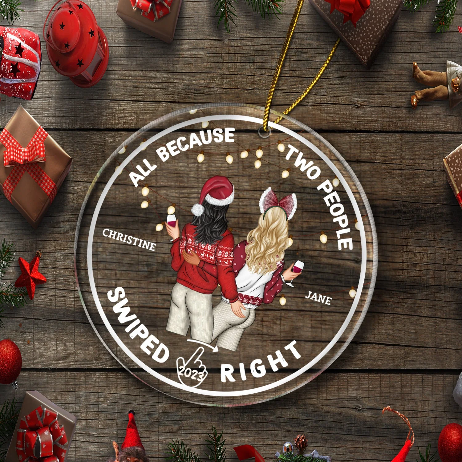 Christmas Couple All Because Swiped Right - Gift For Couples - Personalized Circle Acrylic Ornament - Image 5