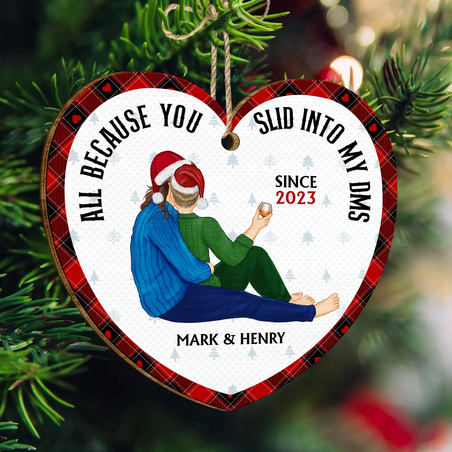 Christmas Couple All Because You Slid Into My Dms - Gift For Couples - Personalized Custom Shaped Wooden Ornament - Image 3