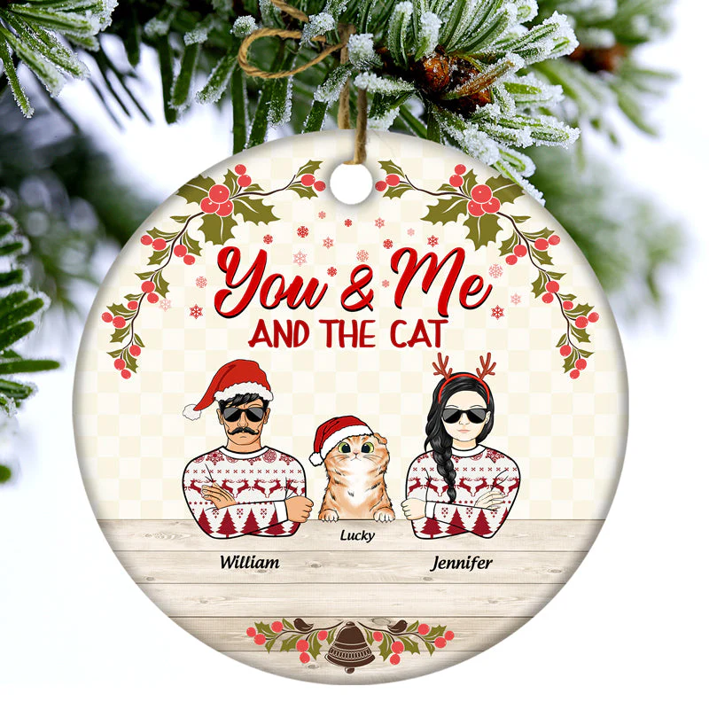 Christmas Couple And The Cats - Gift For Cat Lovers - Personalized Custom Circle Ceramic Ornament - Image 3