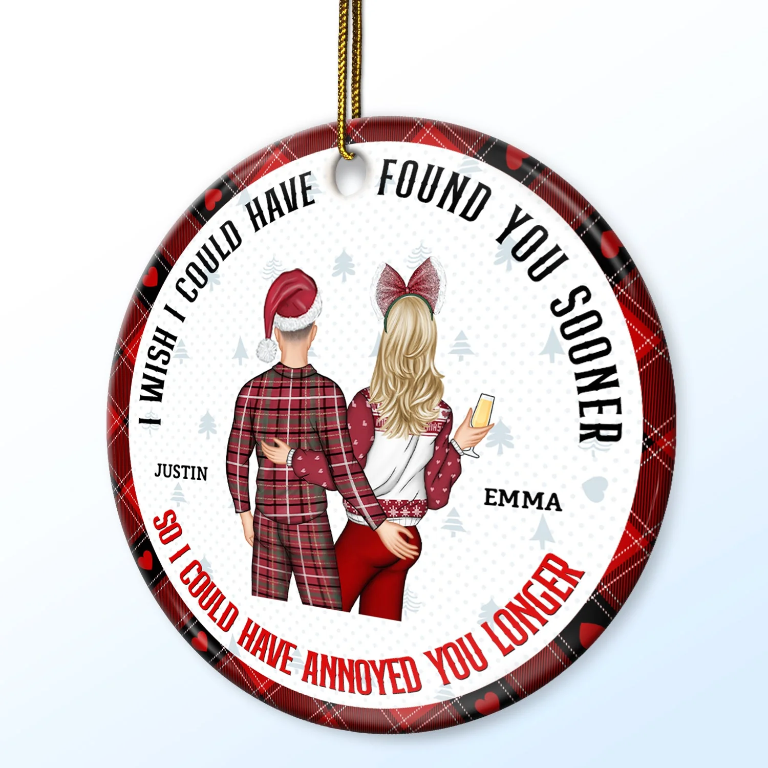 Christmas Couple Back Side Found You Sooner Annoyed You Longer - Gift For Couples - Personalized Circle Ceramic Ornament - Image 2