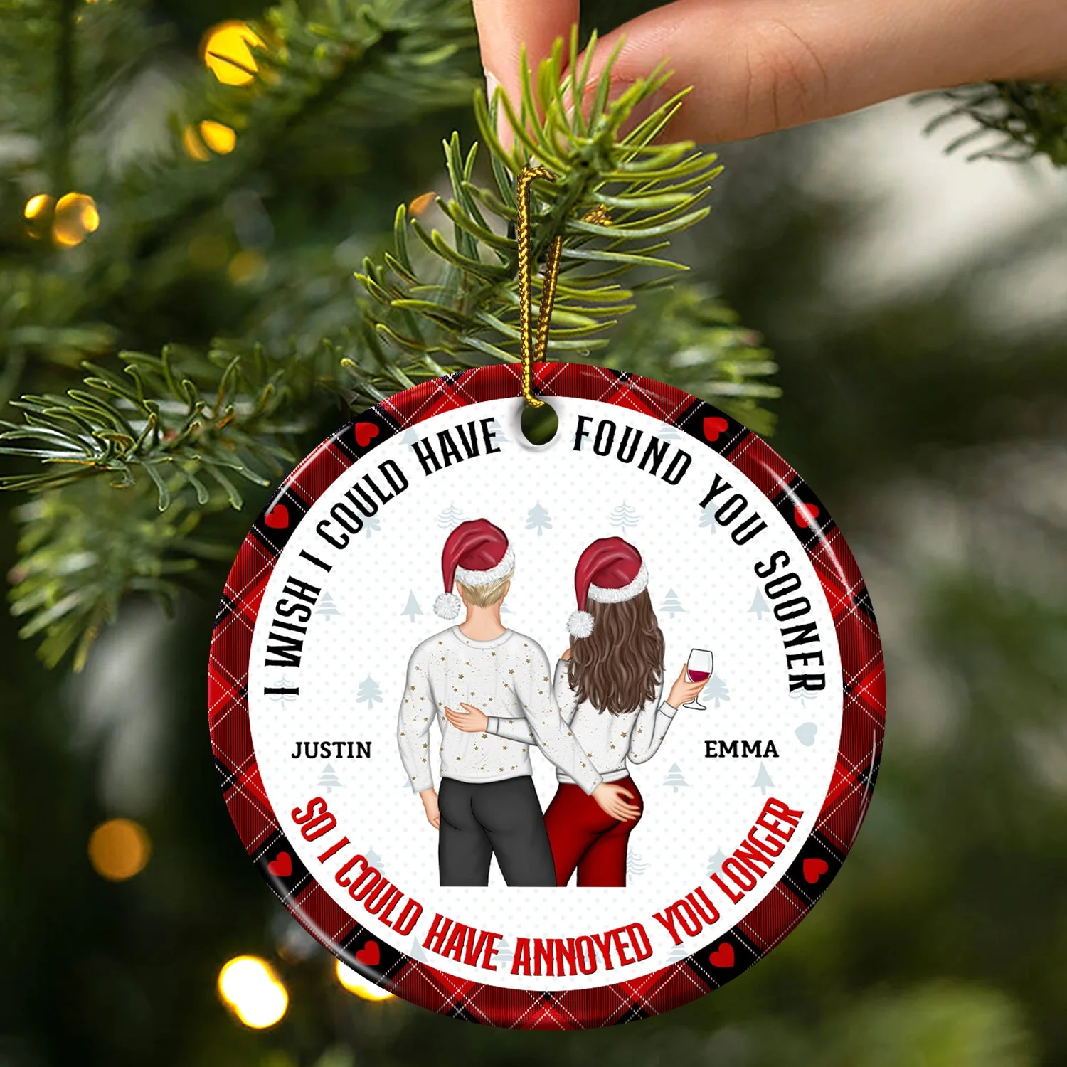 Christmas Couple Back Side Found You Sooner Annoyed You Longer - Gift For Couples - Personalized Circle Ceramic Ornament - Image 3