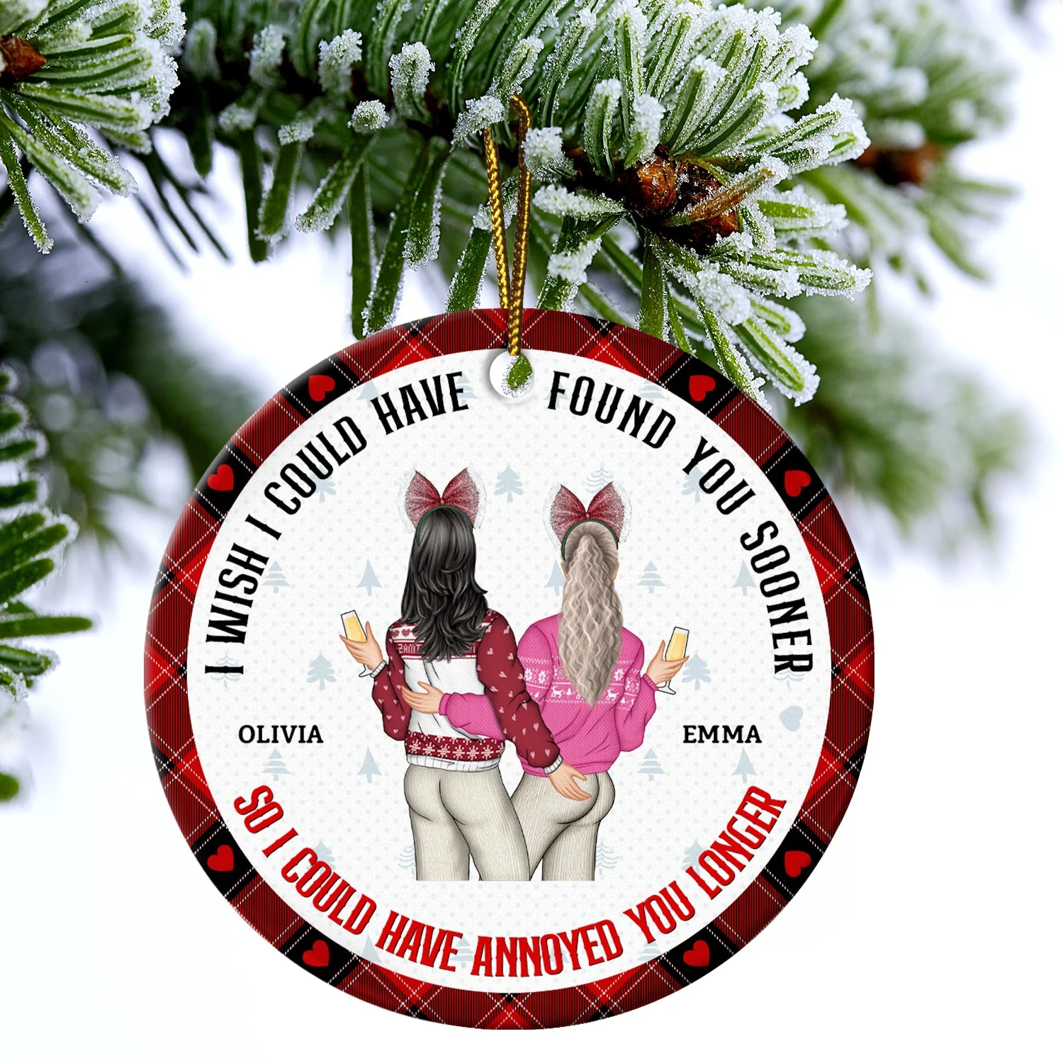 Christmas Couple Back Side Found You Sooner Annoyed You Longer - Gift For Couples - Personalized Circle Ceramic Ornament - Image 4
