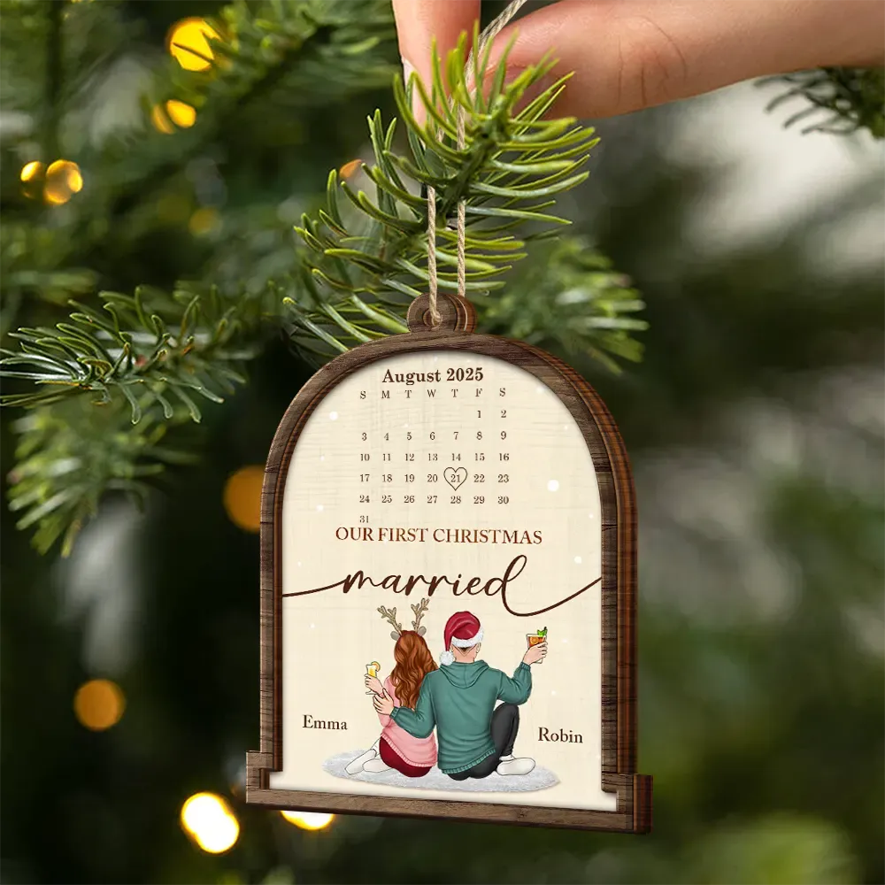 Christmas Couple Calendar Married - Personalized 2-Layered Wooden Ornament - Image 2