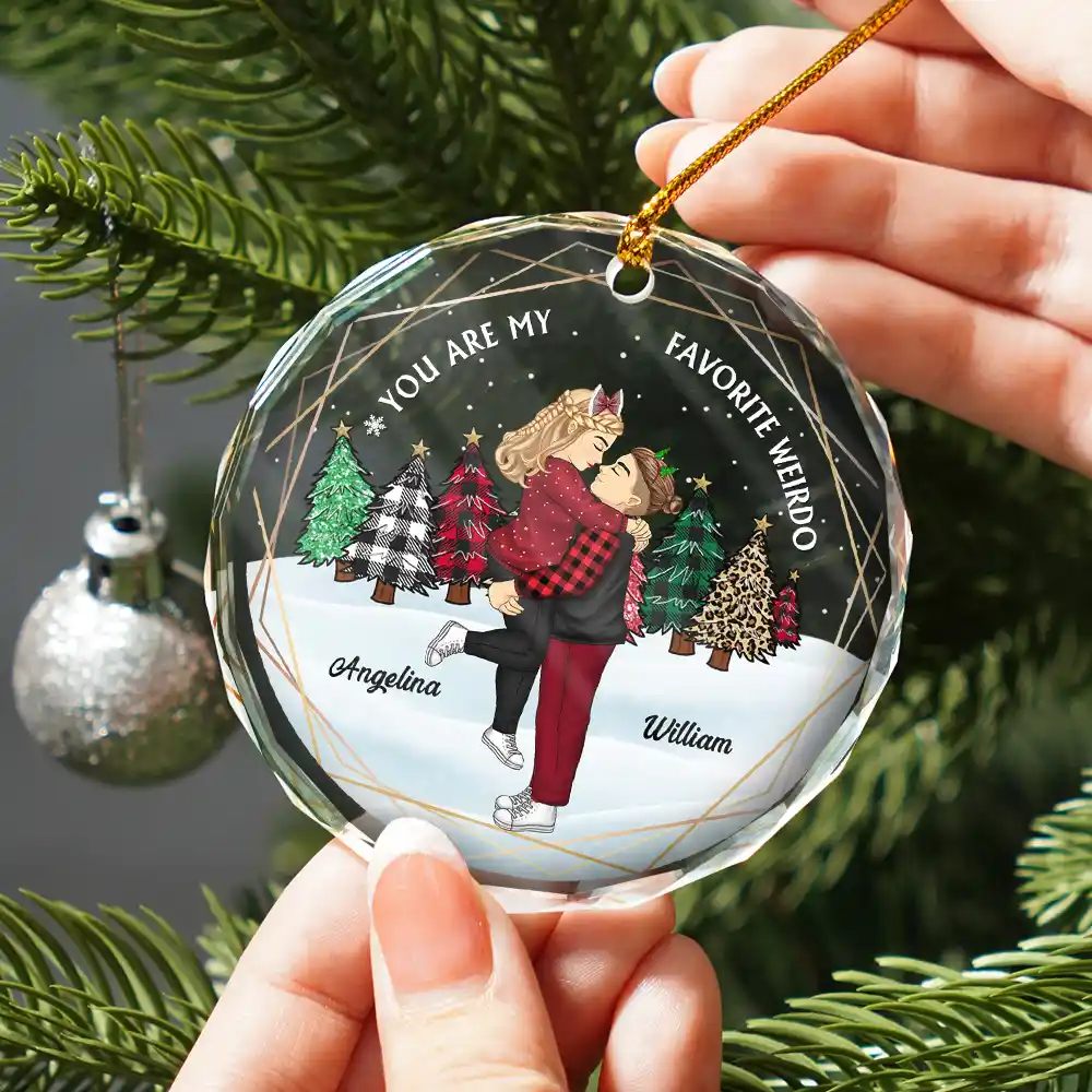 Christmas Couple Cartoon You Are My Favorite Weirdo - Personalized Circle Glass Ornament - Image 2