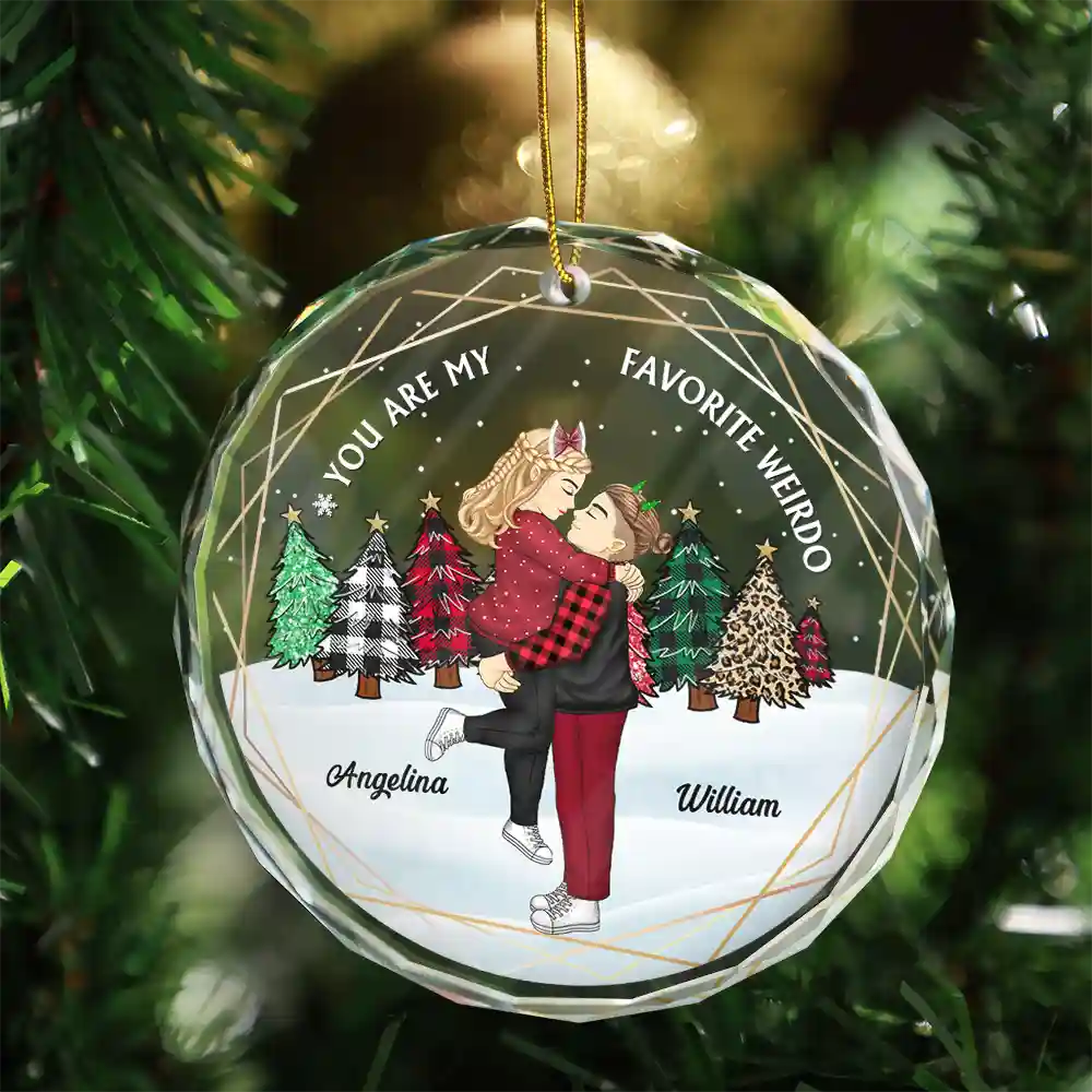 Christmas Couple Cartoon You Are My Favorite Weirdo - Personalized Circle Glass Ornament - Image 3