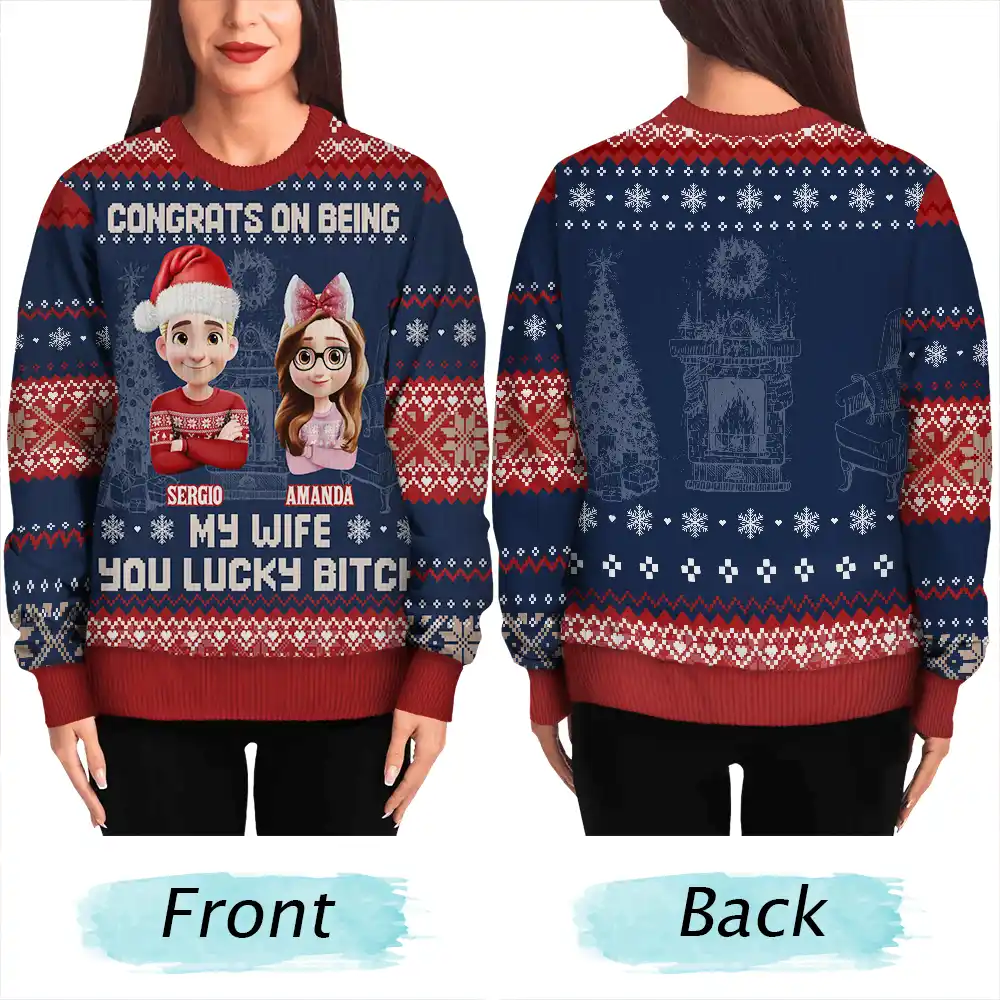 Christmas Couple Congrats On Being My Husband You Lucky Man - Personalized Unisex Ugly Sweater - Image 5