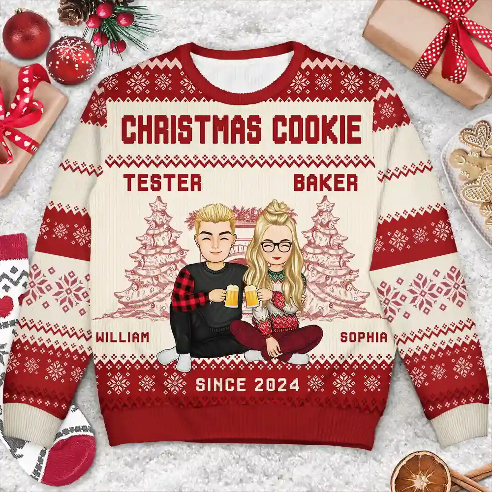 Christmas Couple Cookie Tester & Baker - Personalized Unisex Ugly Sweater - Image 3