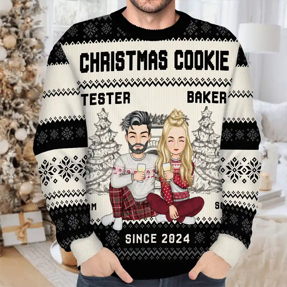 Christmas Couple Cookie Tester & Baker - Personalized Unisex Ugly Sweater - Image 4