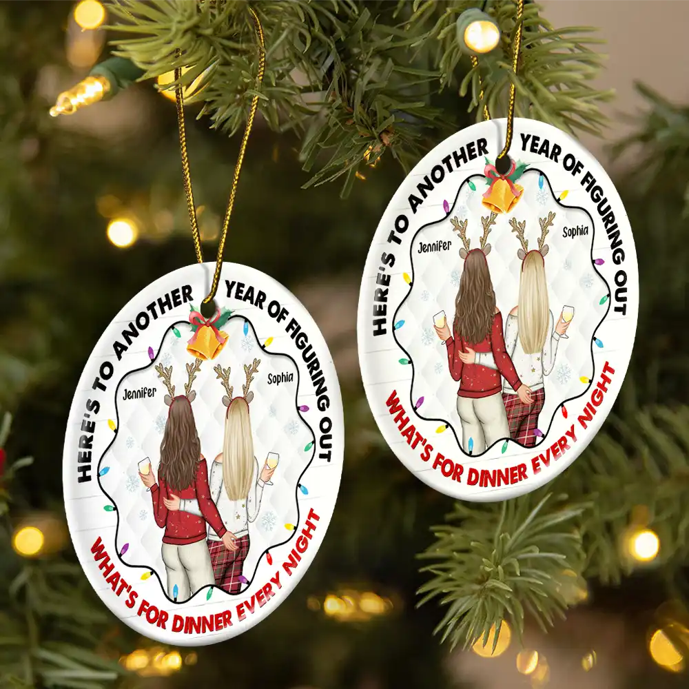 Christmas Couple Figuring Out Dinner - Personalized Circle Ceramic Ornament - Image 2