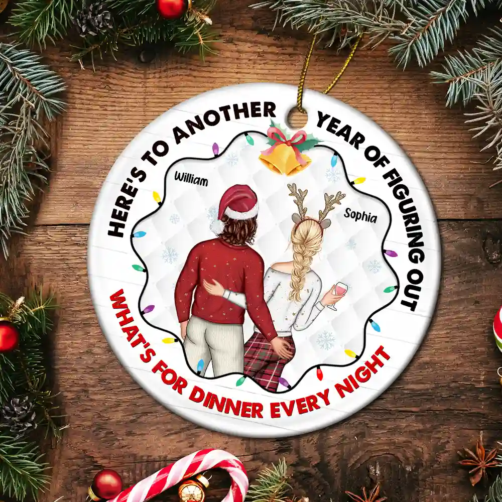 Christmas Couple Figuring Out Dinner - Personalized Circle Ceramic Ornament - Image 5