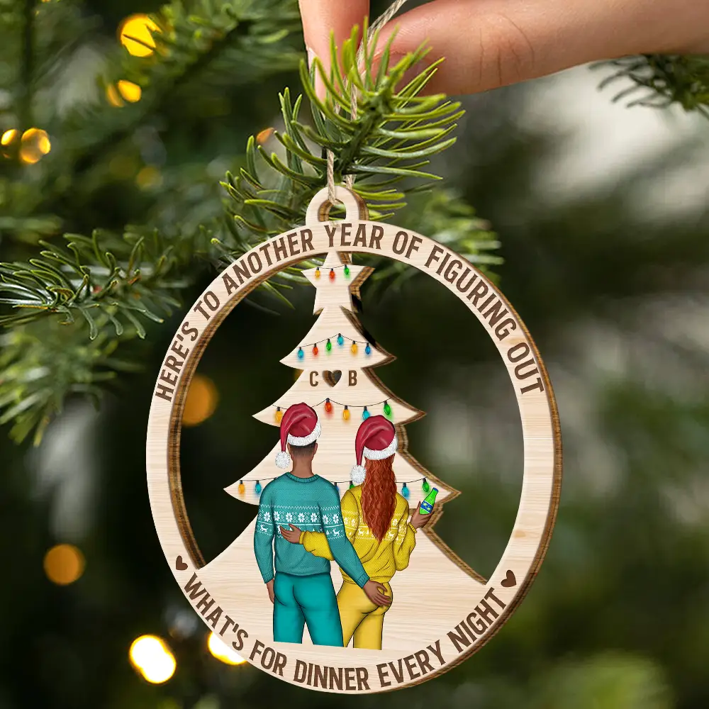 Christmas Couple Figuring Out Dinner - Personalized Wooden Cutout Ornament - Image 2