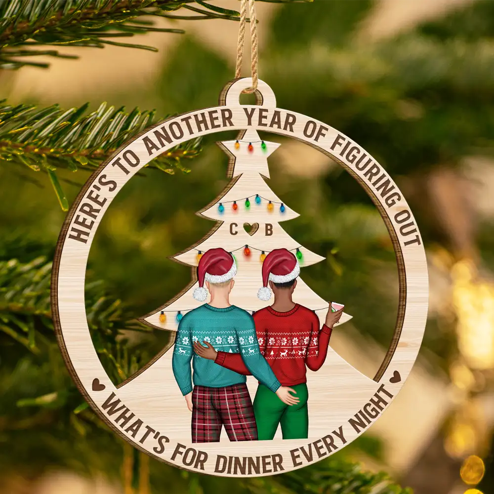 Christmas Couple Figuring Out Dinner - Personalized Wooden Cutout Ornament - Image 3