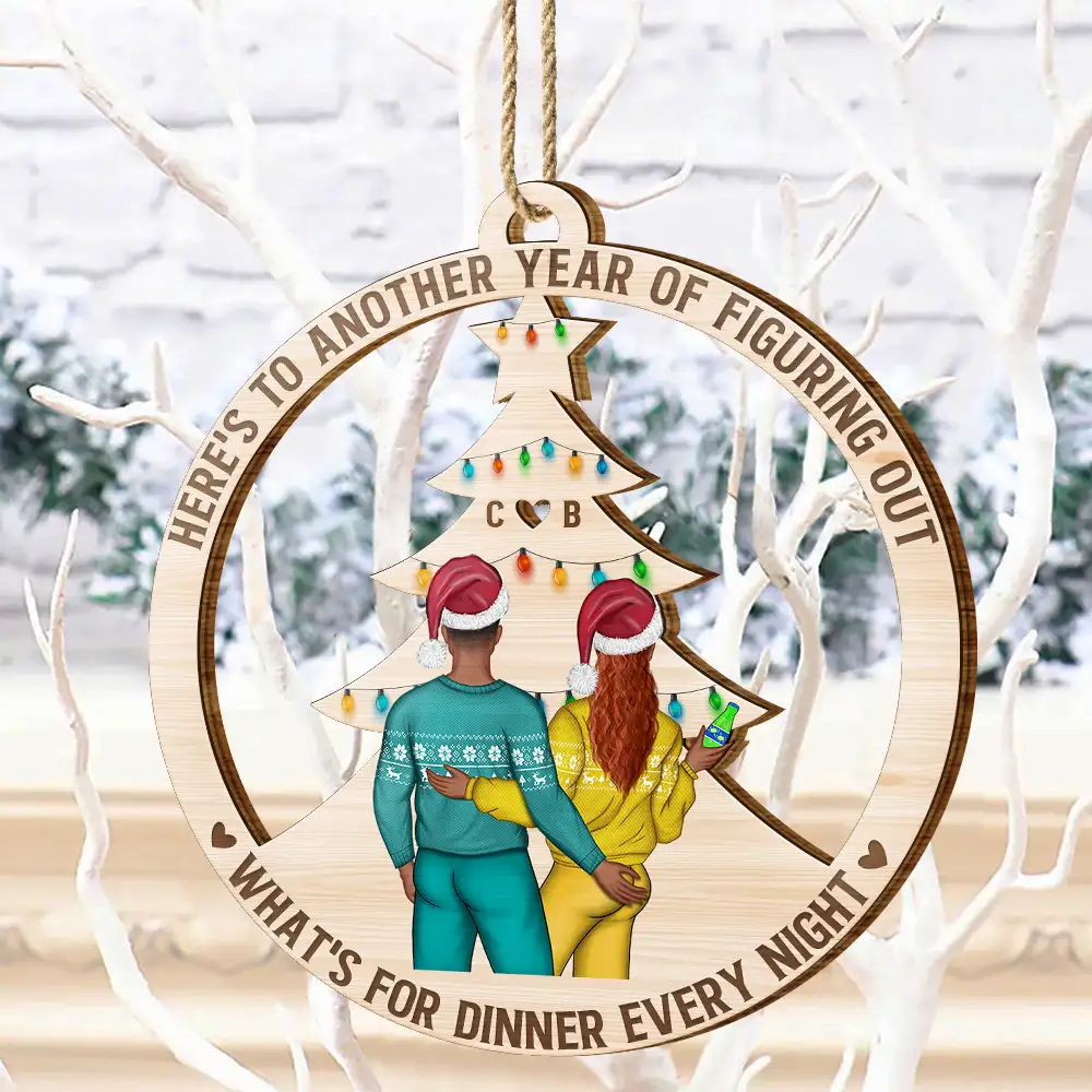 Christmas Couple Figuring Out Dinner - Personalized Wooden Cutout Ornament - Image 4