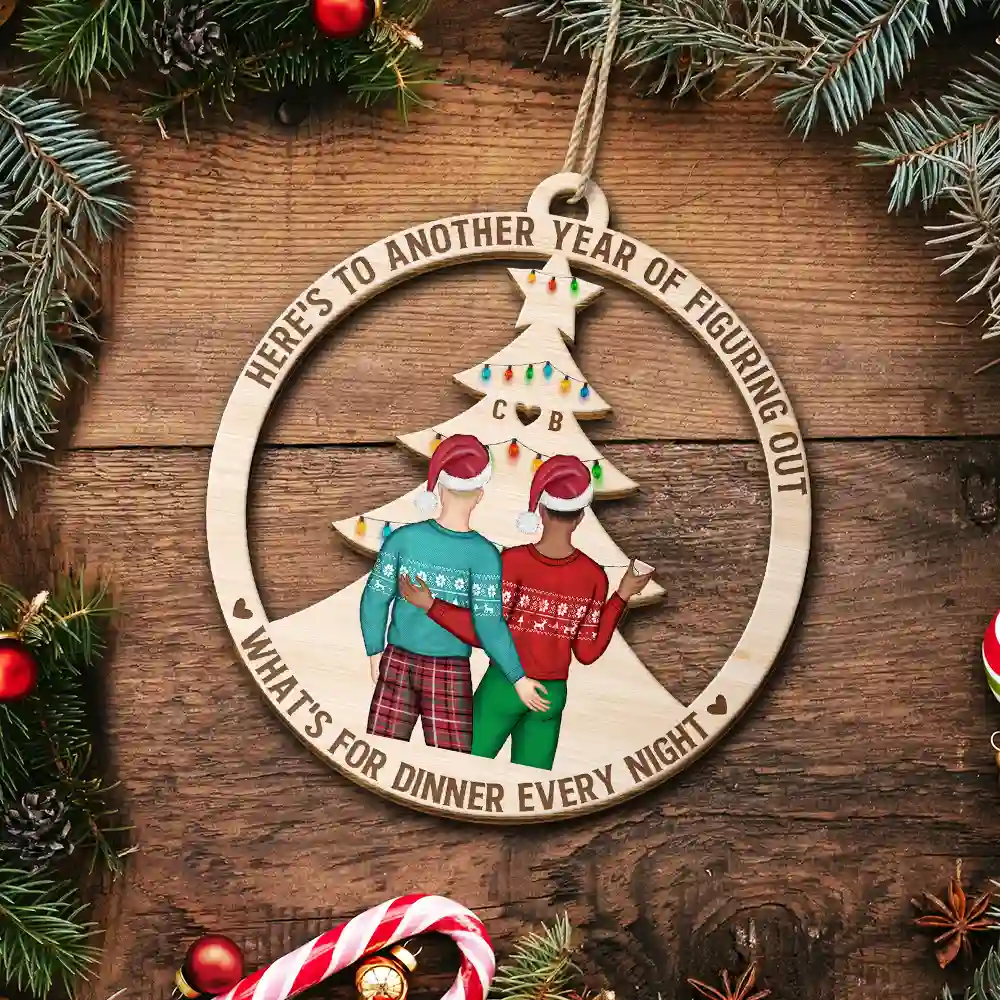 Christmas Couple Figuring Out Dinner - Personalized Wooden Cutout Ornament - Image 5