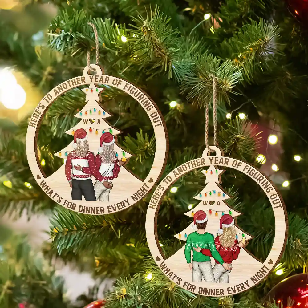 Christmas Couple Figuring Out Dinner - Personalized Wooden Cutout Ornament - Image 6
