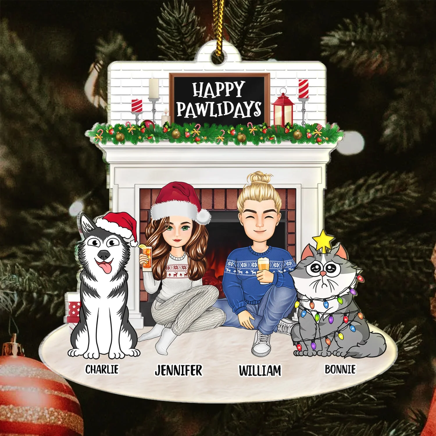 Christmas Couple Fireplace & Pets - Gift For Pet Lovers Couples - Personalized Cutout Acrylic Ornament - Image 3