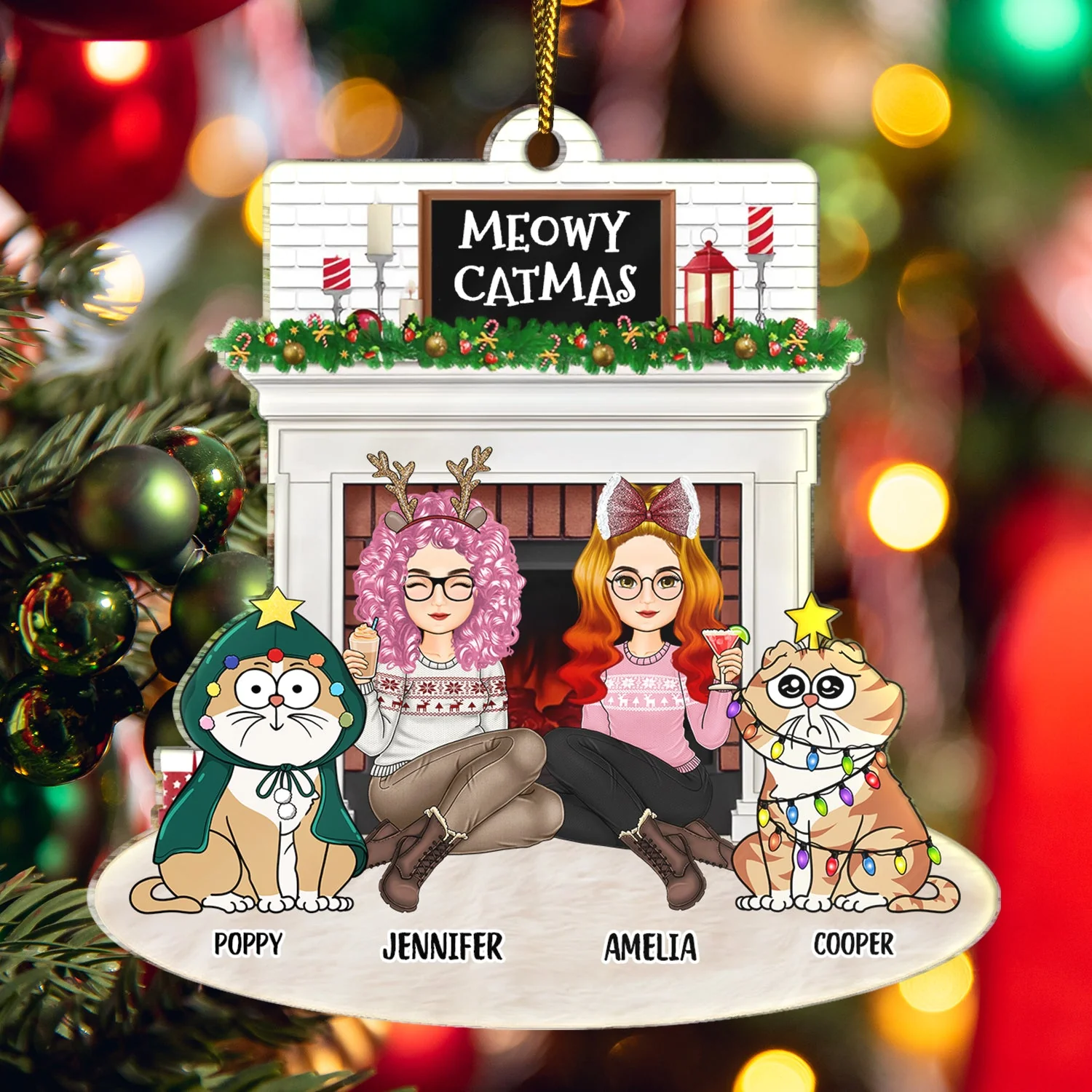 Christmas Couple Fireplace & Pets - Gift For Pet Lovers Couples - Personalized Cutout Acrylic Ornament - Image 5