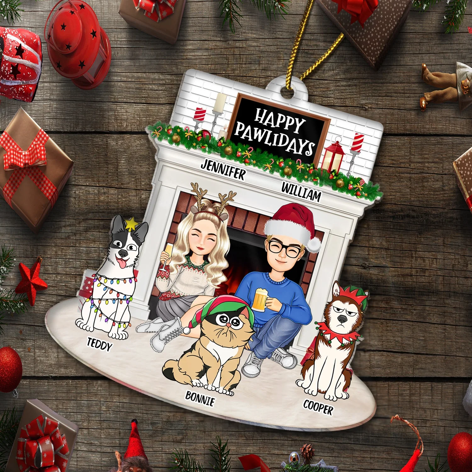 Christmas Couple Fireplace & Pets - Gift For Pet Lovers Couples - Personalized Cutout Acrylic Ornament - Image 6