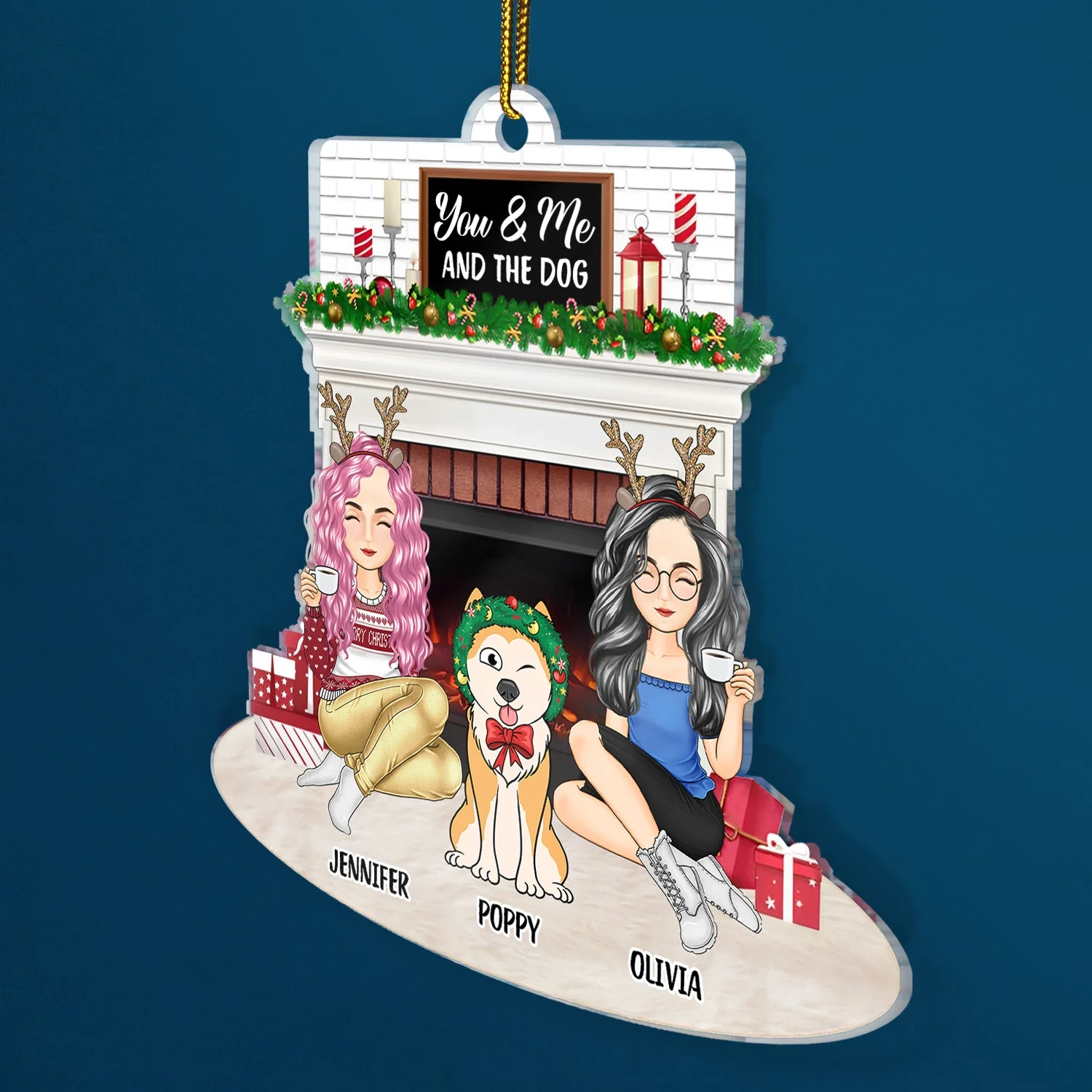 Christmas Couple Fireplace You & Me And The Pets - Gift For Pet Lovers Couple - Personalized Cutout Acrylic Ornament - Image 2