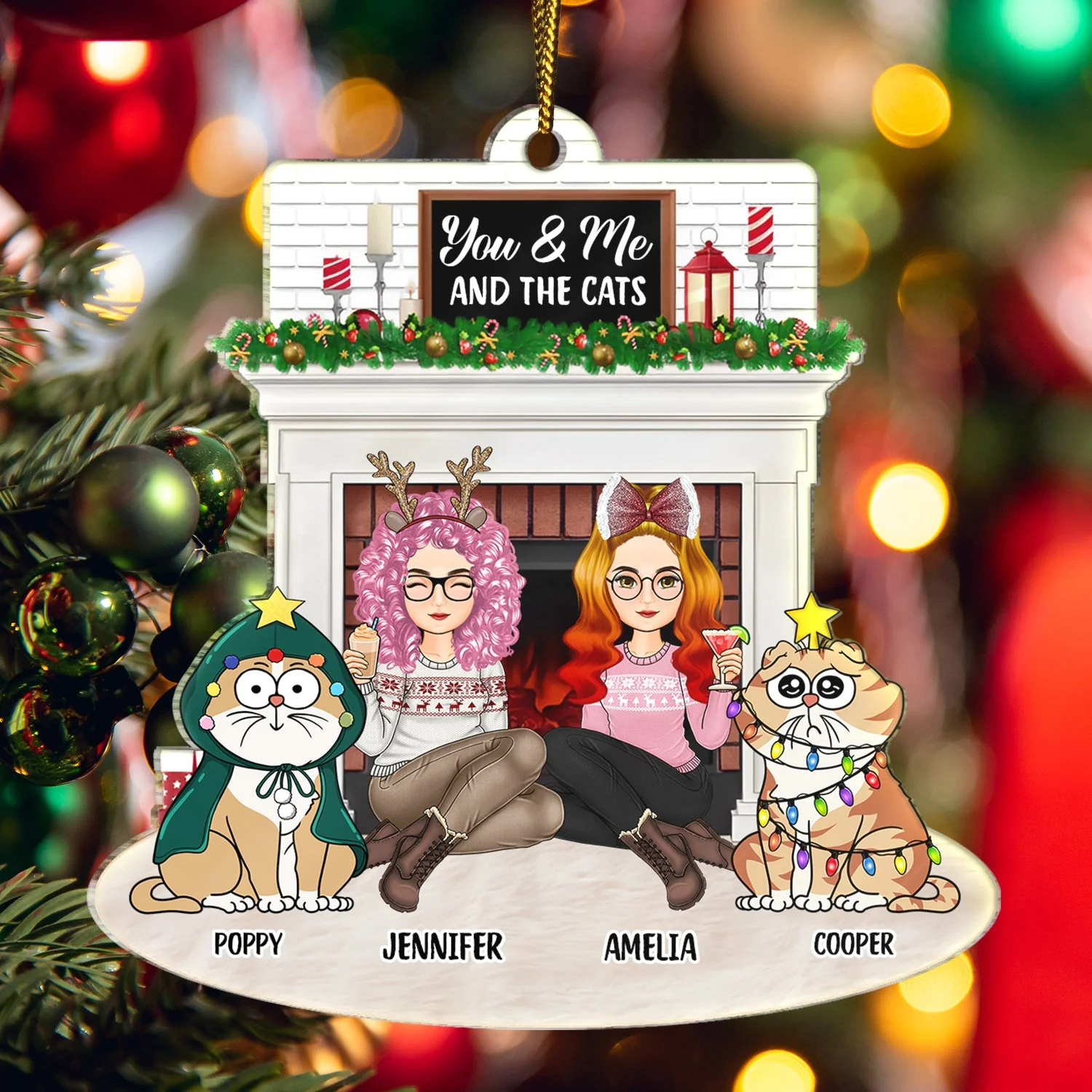 Christmas Couple Fireplace You & Me And The Pets - Gift For Pet Lovers Couple - Personalized Cutout Acrylic Ornament - Image 5