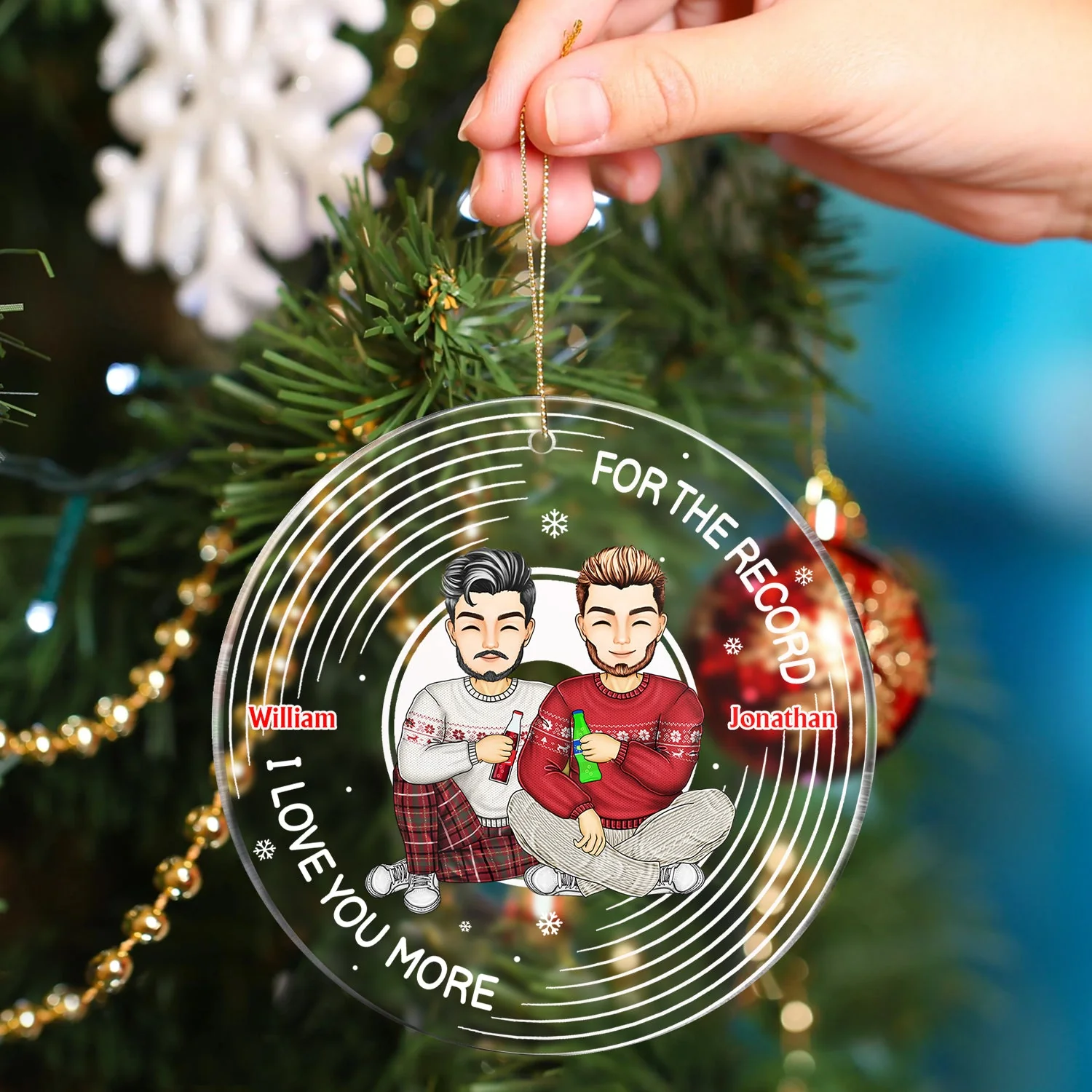 Christmas Couple For The Record I Love You More - Gift For Couples - Personalized Circle Acrylic Ornament - Image 4