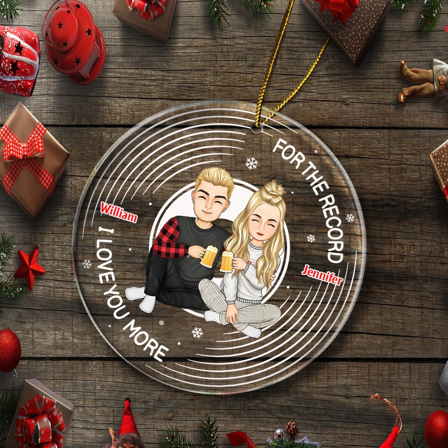 Christmas Couple For The Record I Love You More - Gift For Couples - Personalized Circle Acrylic Ornament - Image 5