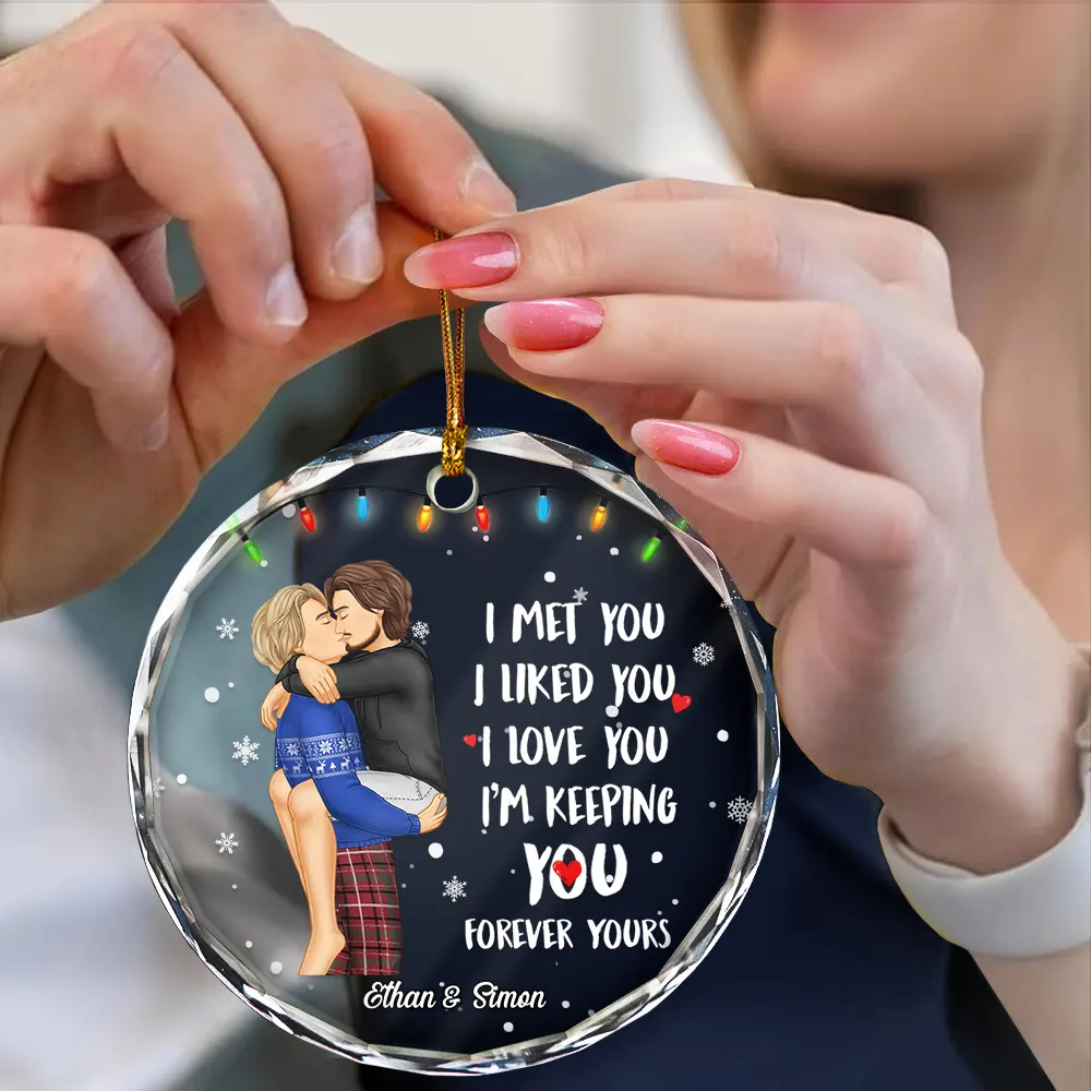Christmas Couple Forever Yours - Personalized Circle Glass Ornament - Image 4