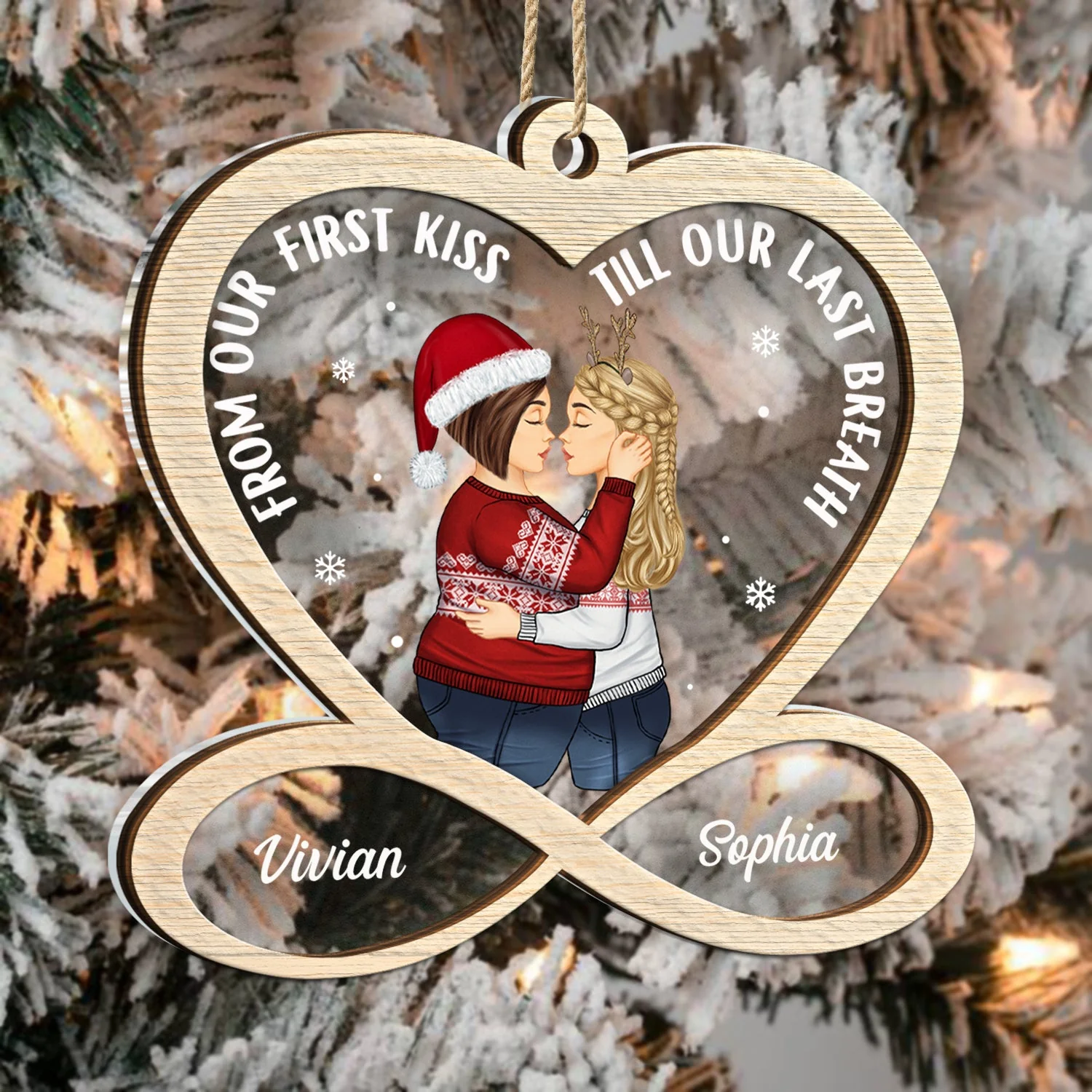 Christmas Couple From Our First Kiss - Gift For Couple - Personalized 2-Layered Mix Ornament - Image 3