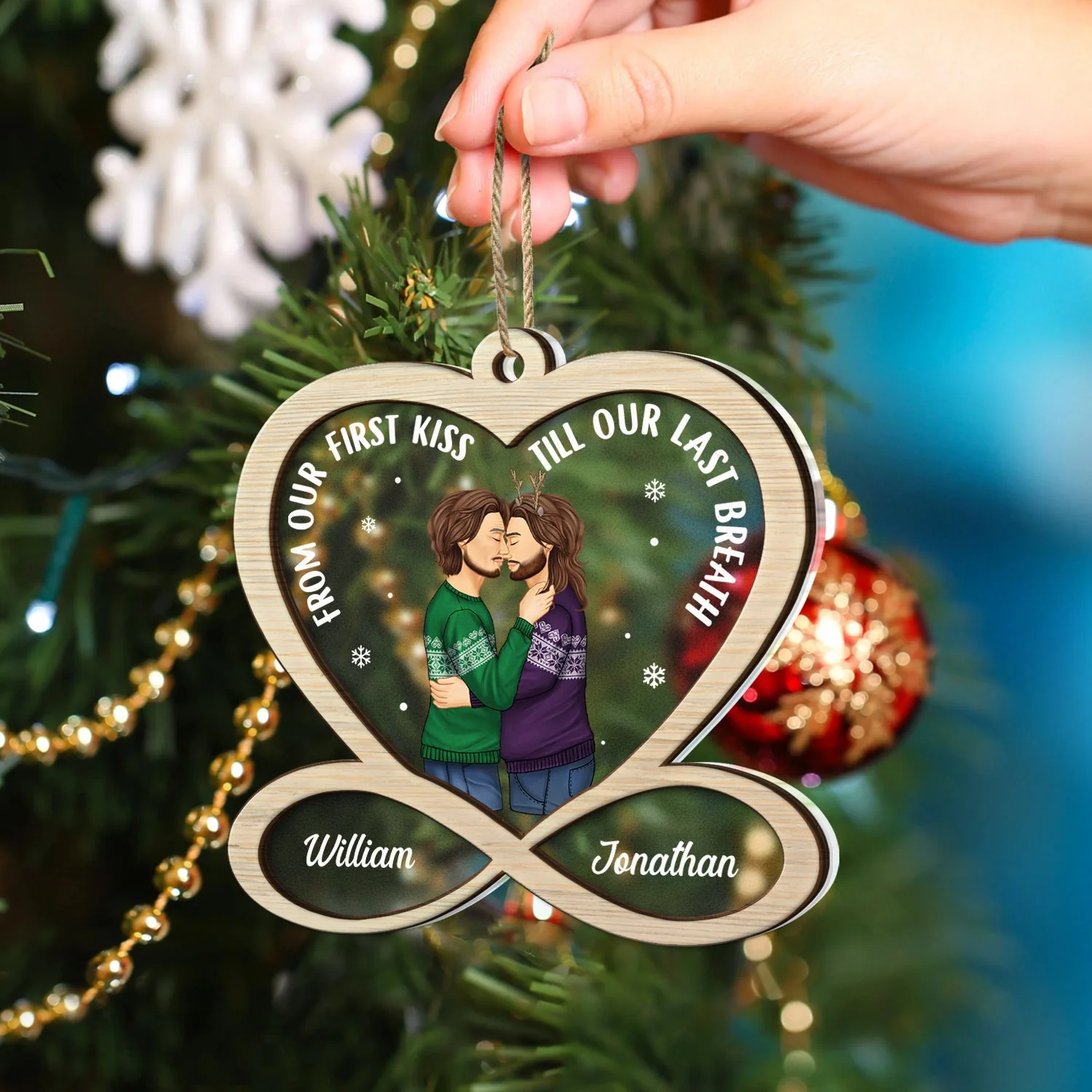 Christmas Couple From Our First Kiss - Gift For Couple - Personalized 2-Layered Mix Ornament - Image 4