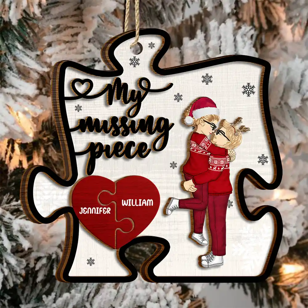Christmas Couple Hugging Kissing My Missing Piece - Personalized 2-Layered Wooden Ornament - Image 3