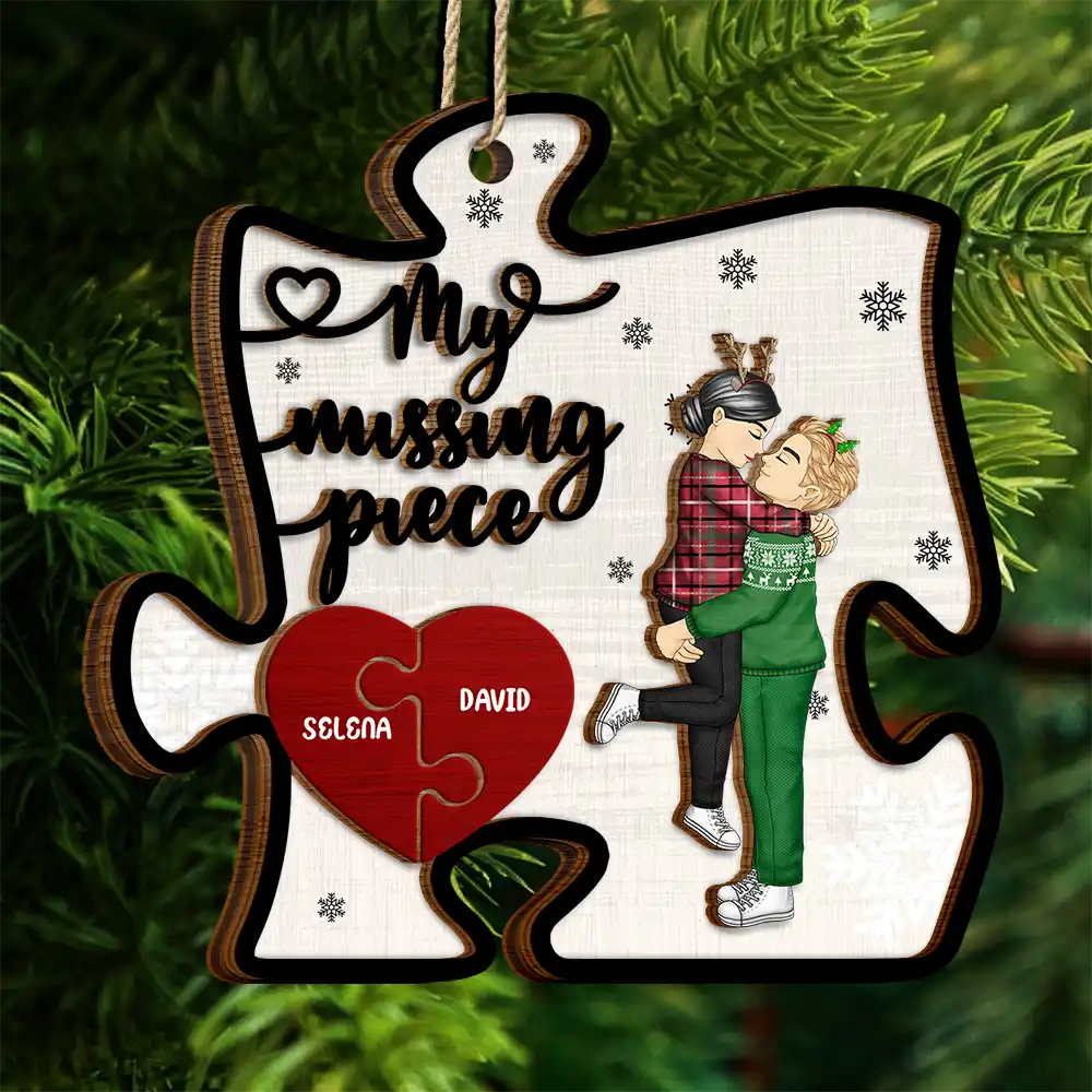 Christmas Couple Hugging Kissing My Missing Piece - Personalized 2-Layered Wooden Ornament - Image 4