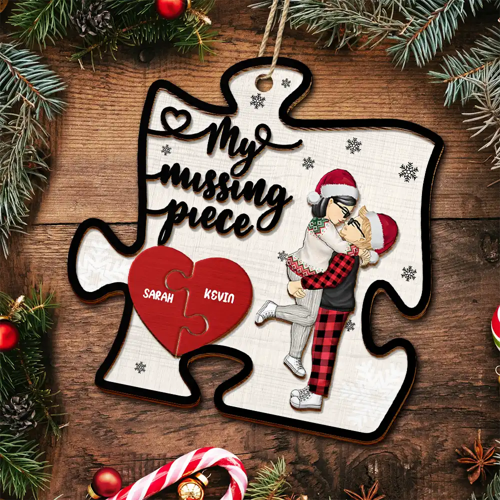 Christmas Couple Hugging Kissing My Missing Piece - Personalized 2-Layered Wooden Ornament - Image 5